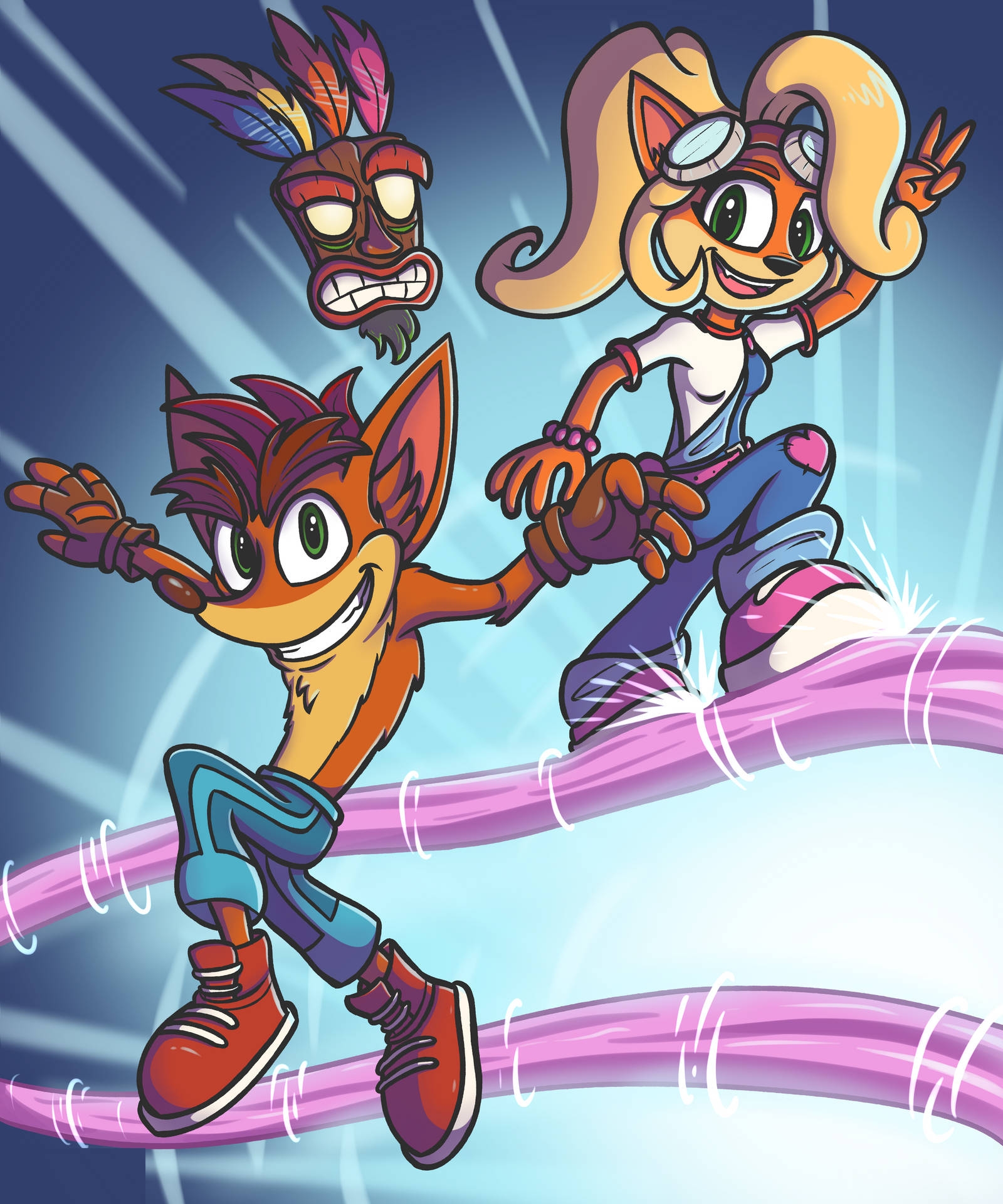 Crash 和 Coco 騎著粉紅色管道，漂浮面具，在卡通遊戲場景中。