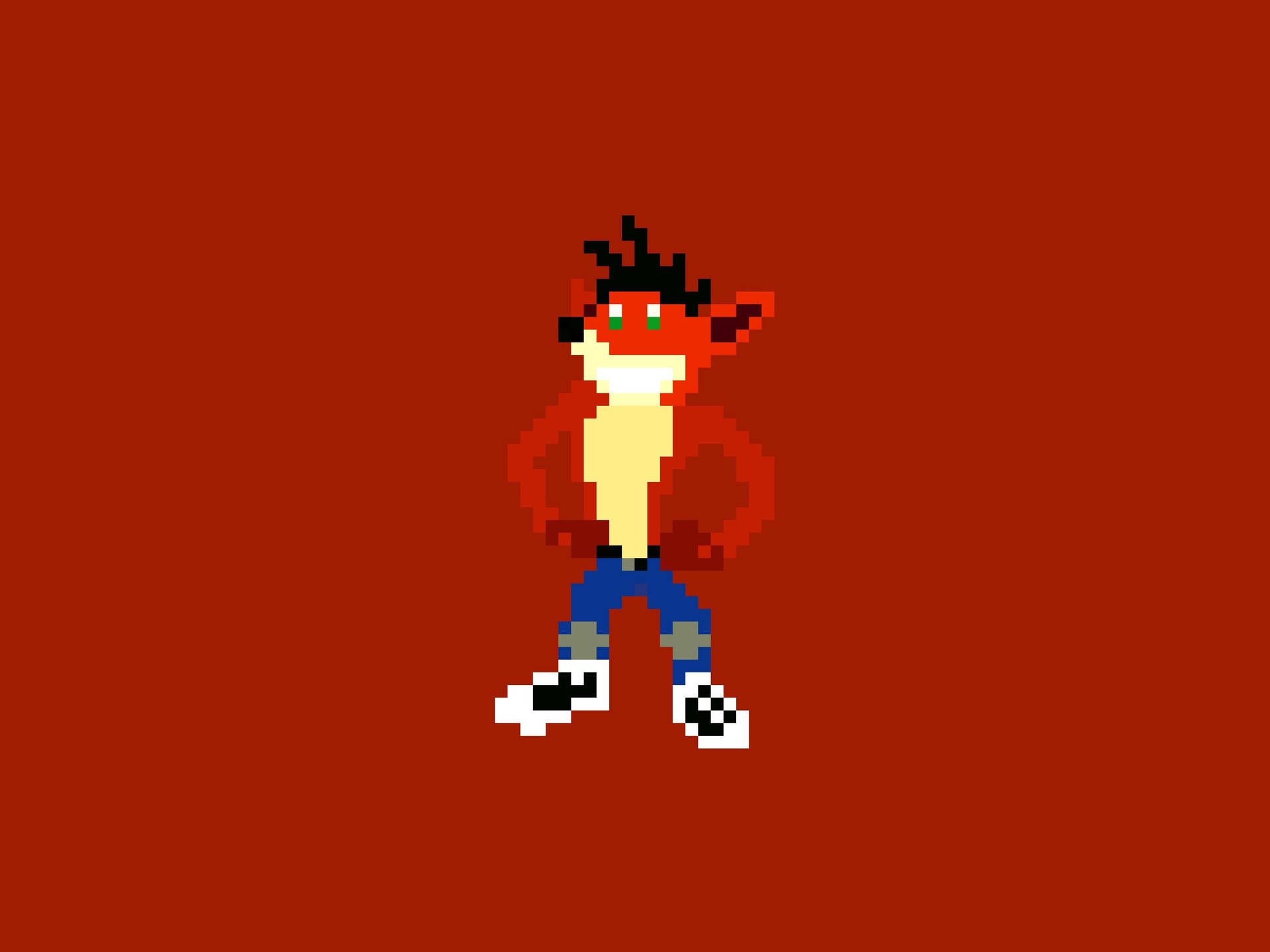 像素藝術：Crash Bandicoot雙手叉腰站在紅色背景上