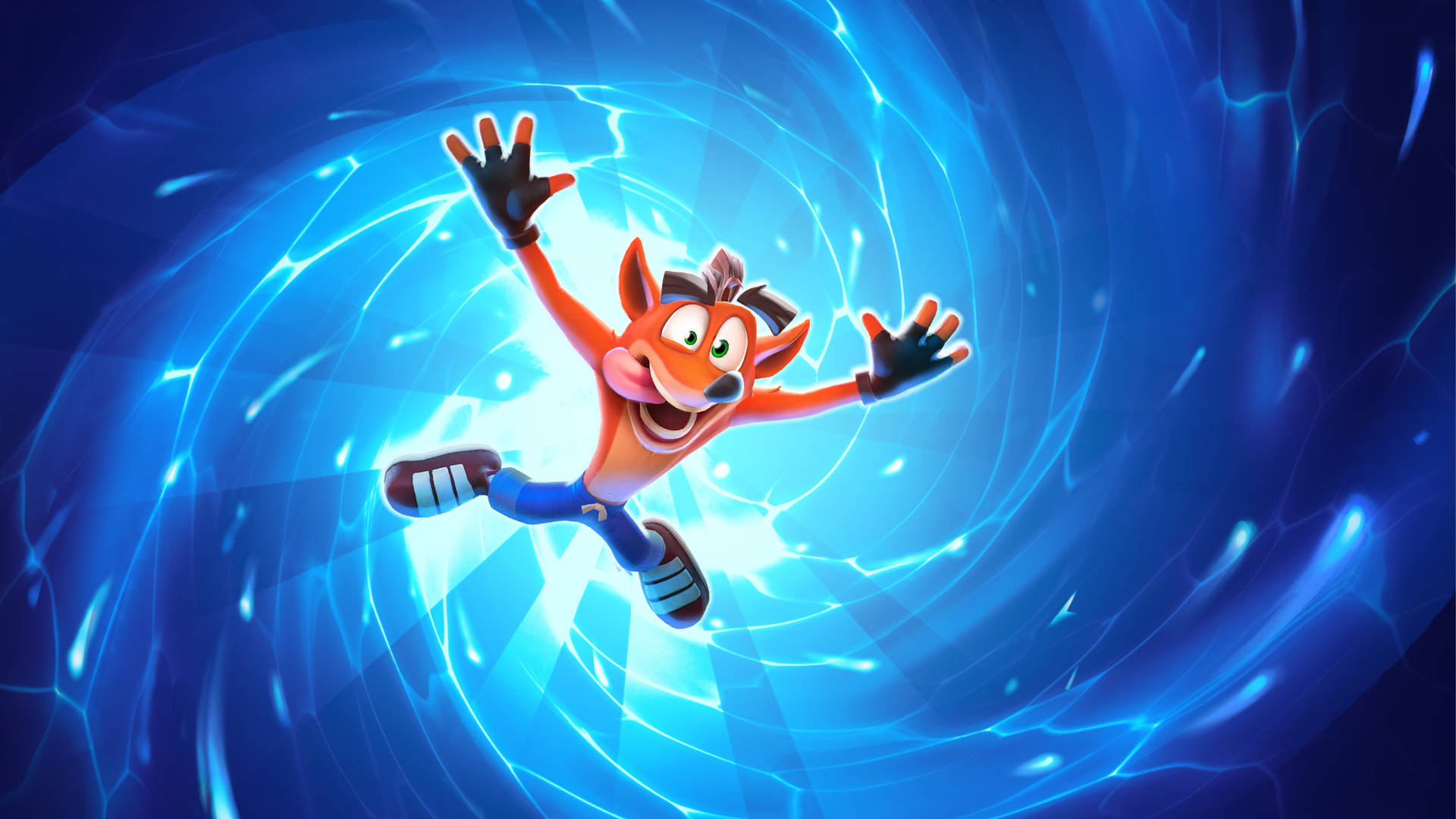 Crash Bandicoot 帶著開心的表情飛過發光的藍色能量隧道。