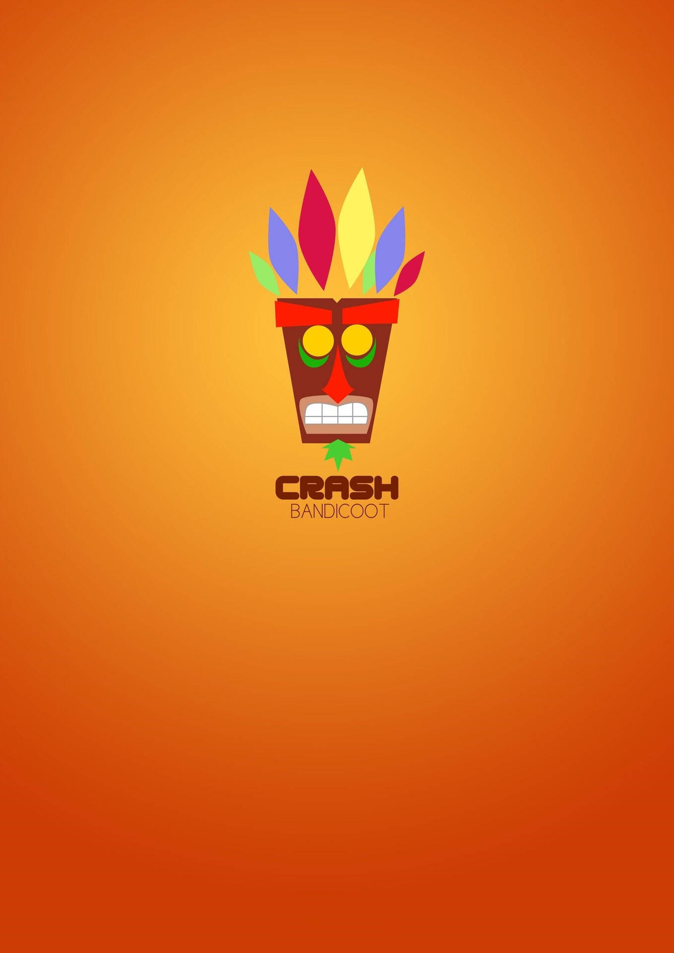 Crash Bandicoot面具，帶有色彩繽紛的羽毛，背景為橙色漸變。