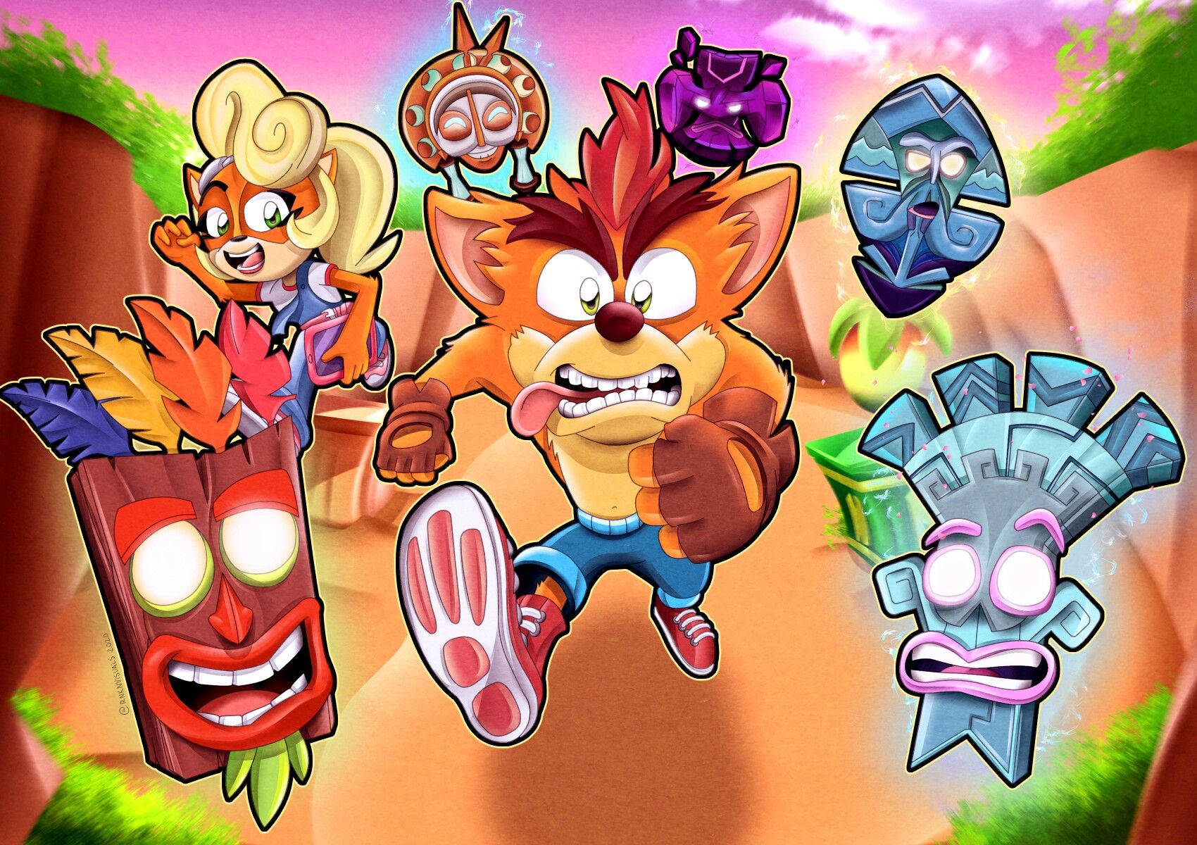 Crash Bandicoot 和朋友們在一個有發光面具的叢林峽谷中。