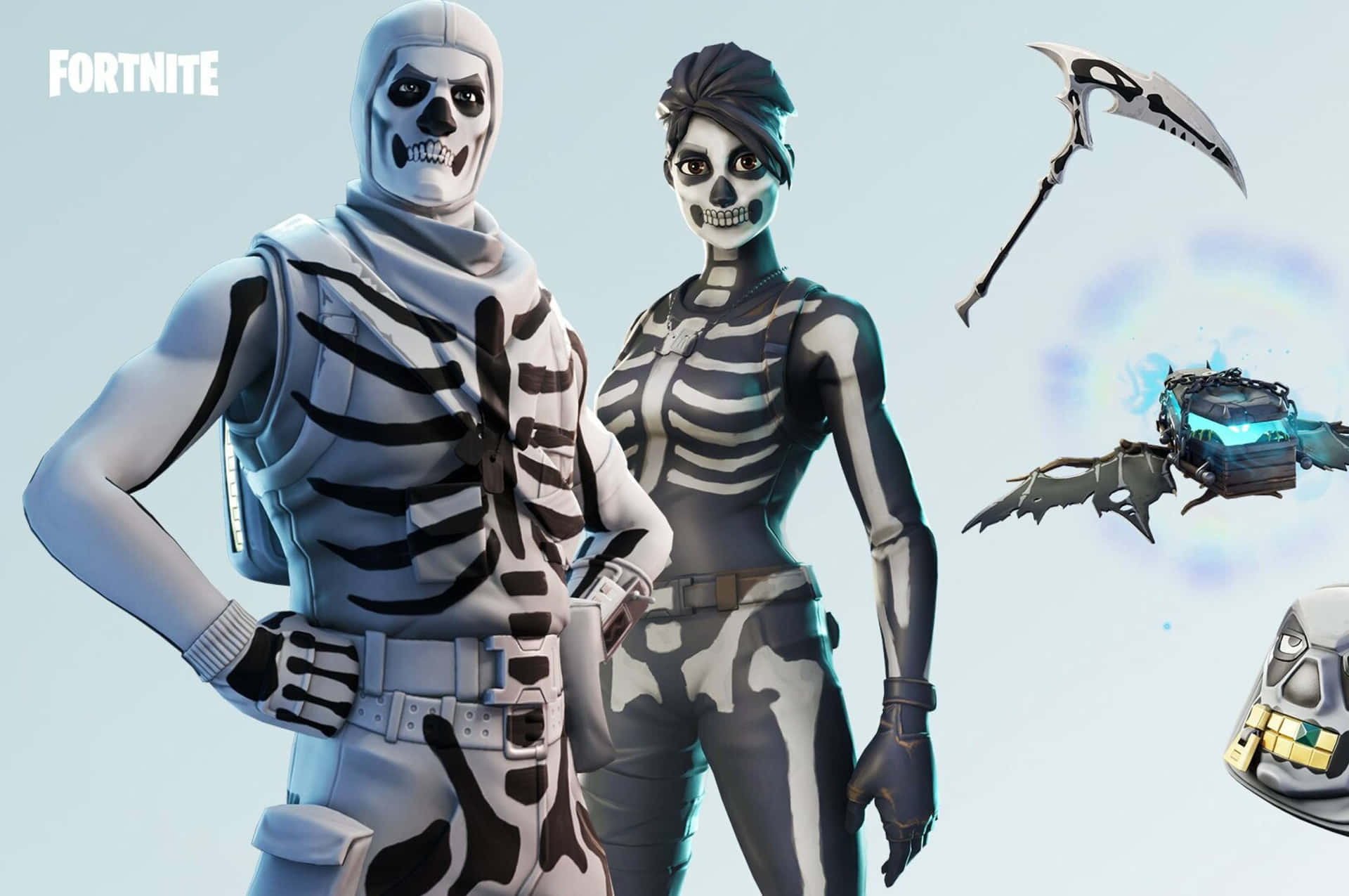 兩個帶著發光武器和裝備的Fortnite骷髏角色。