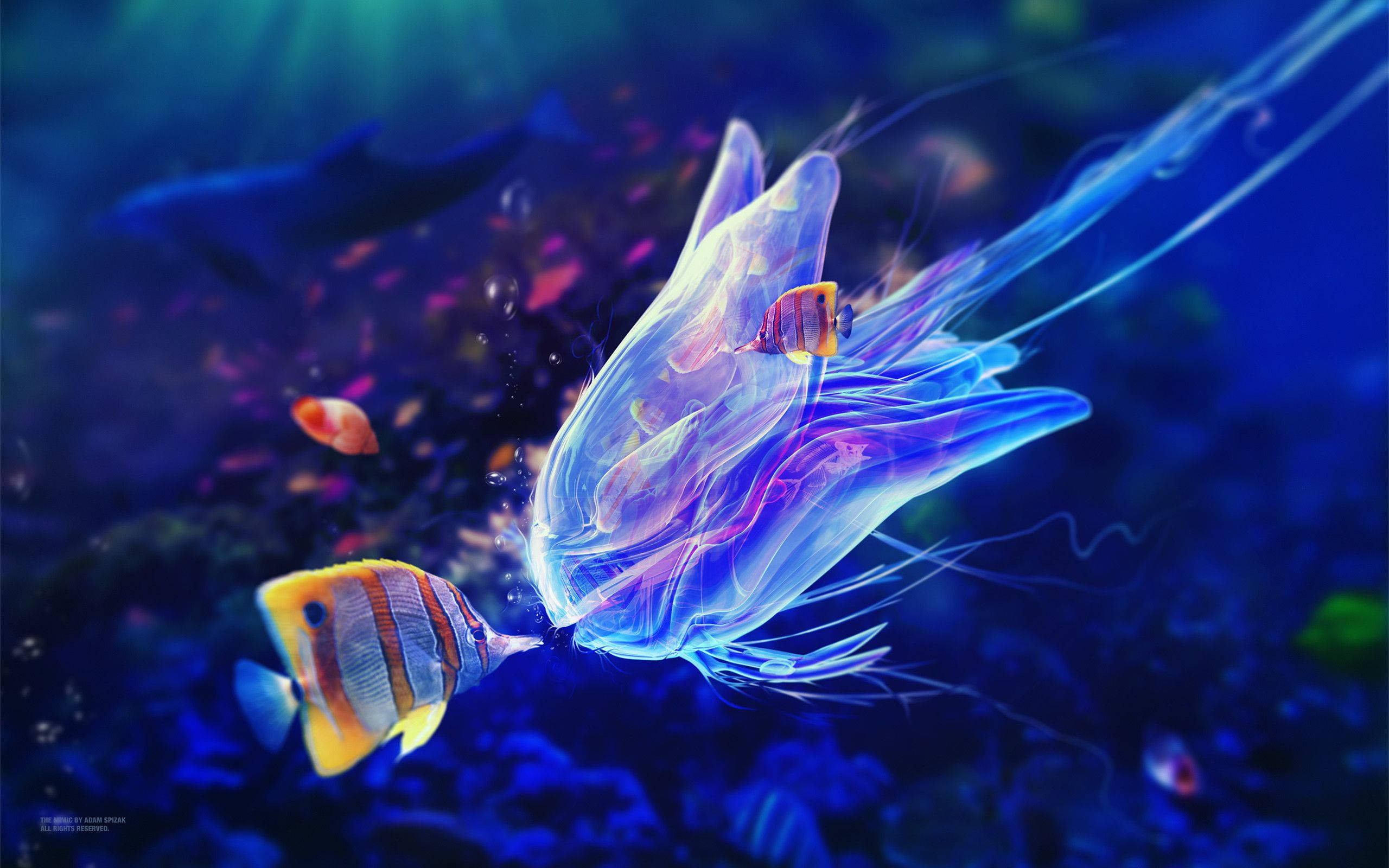 酷魚與水母 壁紙 — 一隻發光藍色水母體內有一條小魚，在深海水中漂流，陽光從上方照射下來。