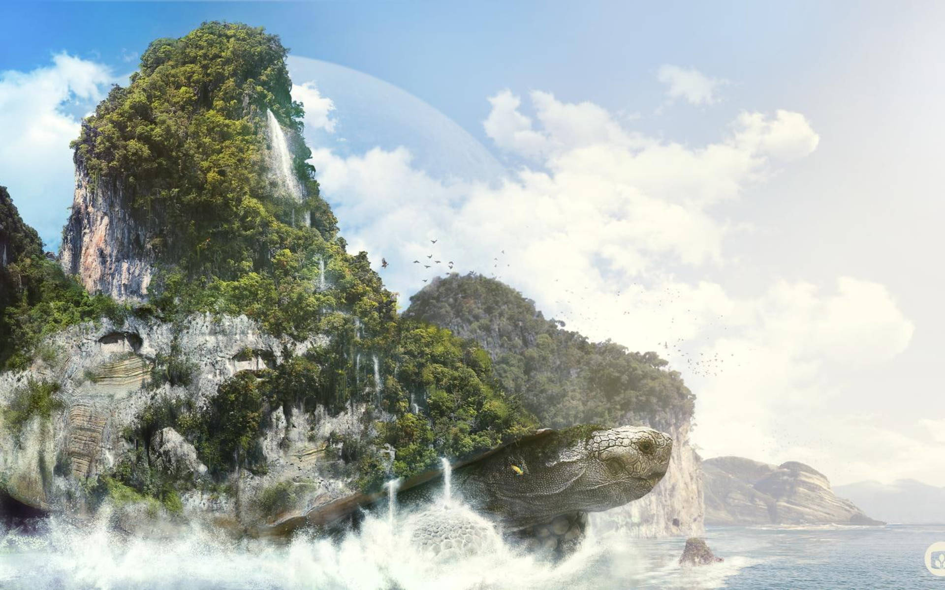 酷龜背負島嶼 壁紙 — 一隻巨大的海龜從海浪中浮現，天空明亮，周圍是茂密的叢林覆蓋的懸崖和層疊的瀑布。
