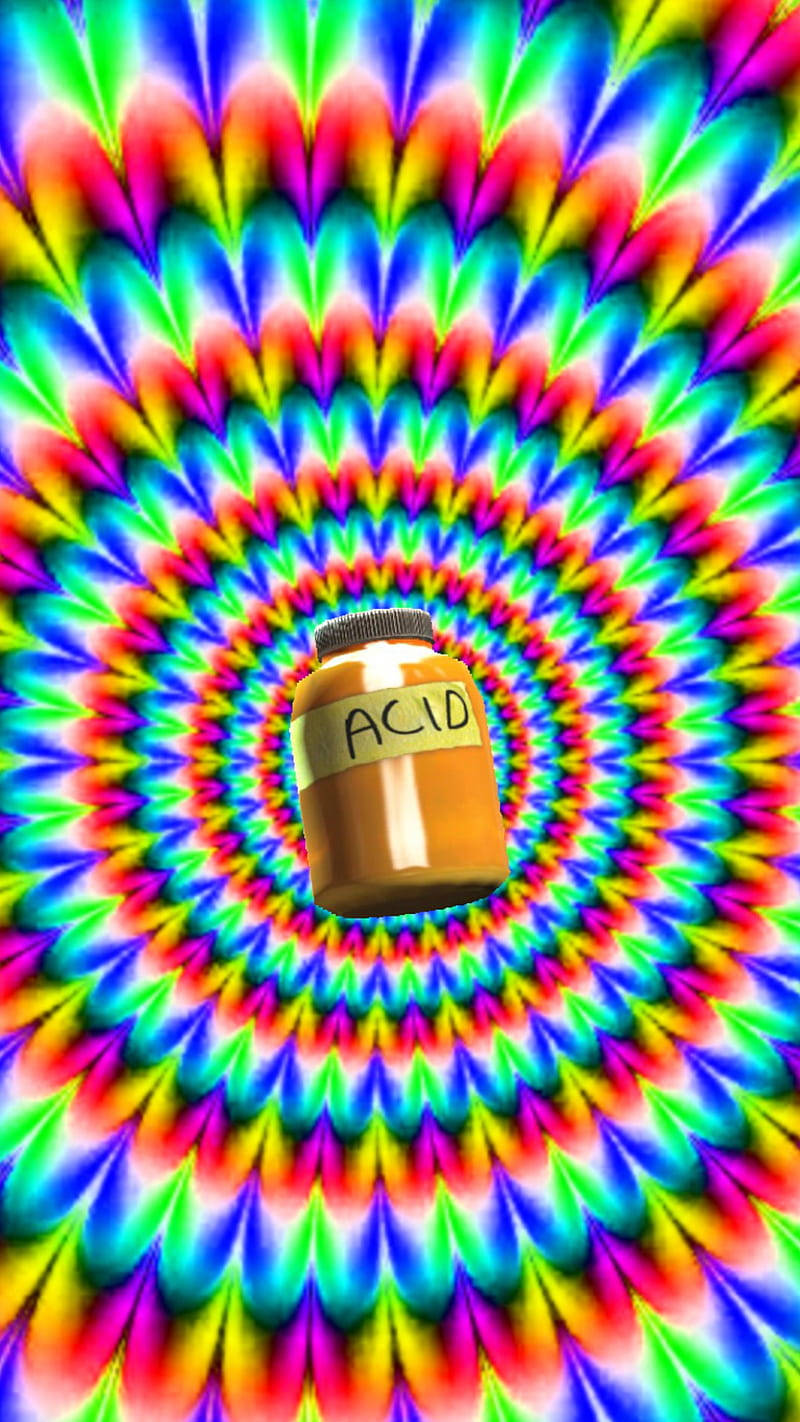 一個發光的罐子標有酸，在迷幻彩虹漩渦圖案中。