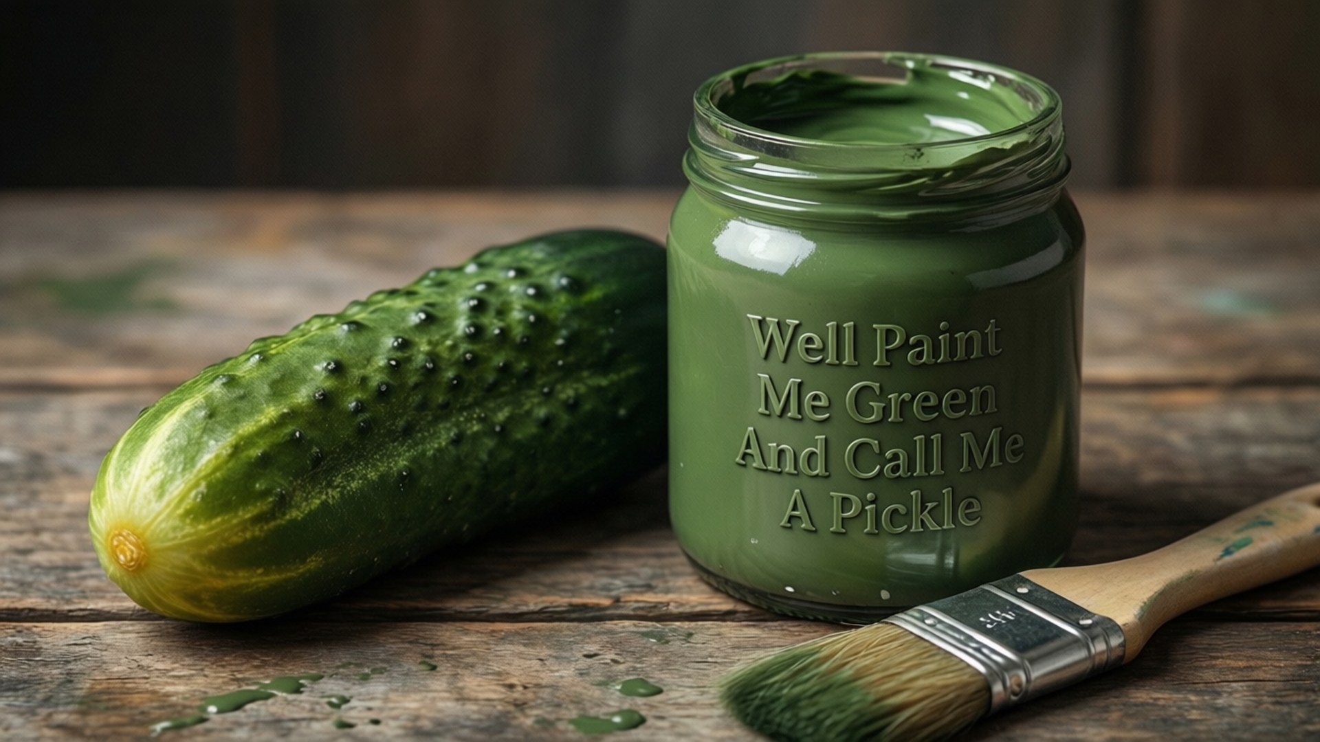 醃菜與顏料靜物 壁紙 — 一條新鮮青瓜放在一個標有 'Well Paint Me Green And Call Me A Pickle' 的綠色油漆罐旁邊，附有一支刷子，置於鄉村風格的木桌上。