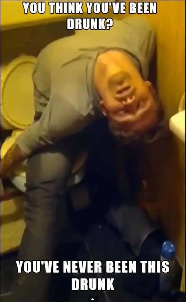 醉倒廁所男孩 壁紙 — 一個穿著灰色襯衫的男人，帶著誇張的醉酒表情和文字疊加，俯身在馬桶上。