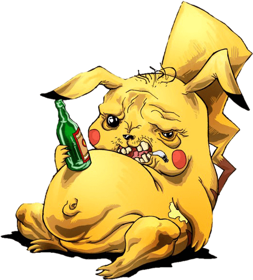 醉酒卡通角色插畫 壁紙 — 一隻極度肥胖的比卡超，雙眼下垂，爪子緊握一個綠色瓶子，癱坐在黑色背景前。