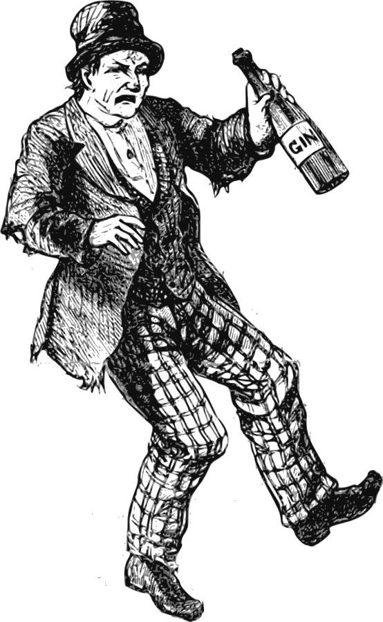醉酒男子手持金酒瓶 壁紙 — 一幅粗糙的黑白插圖，描繪一個戴高帽的醉酒男人拿著氈酒瓶絆倒。
