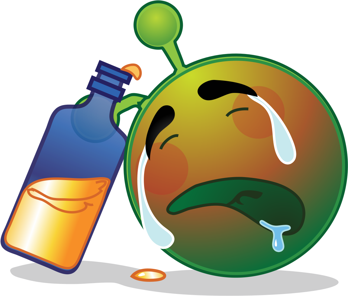 醉酒表情符號與灑出的飲料 壁紙 — 一個卡通外星人，有綠色天線和悲傷的臉，靠著一個藍色瓶子哭泣，瓶子裡有灑出的橙色液體。