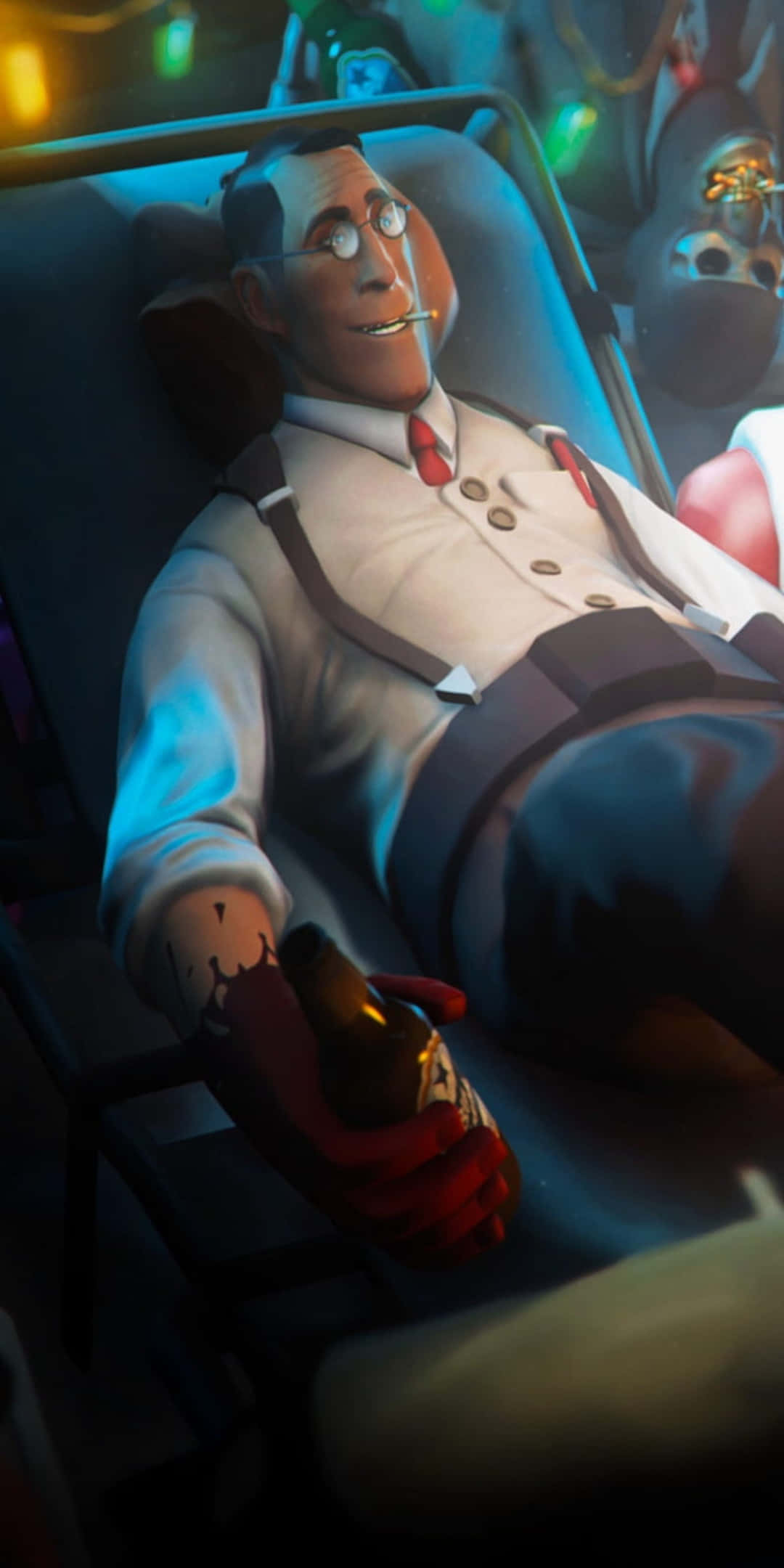 醉醺醺的醫護兵像素3 TF2背景 壁紙 — 一個卡通男人坐在椅子上，手裡拿著啤酒瓶，在霓虹燈下血從他的手上滴下。