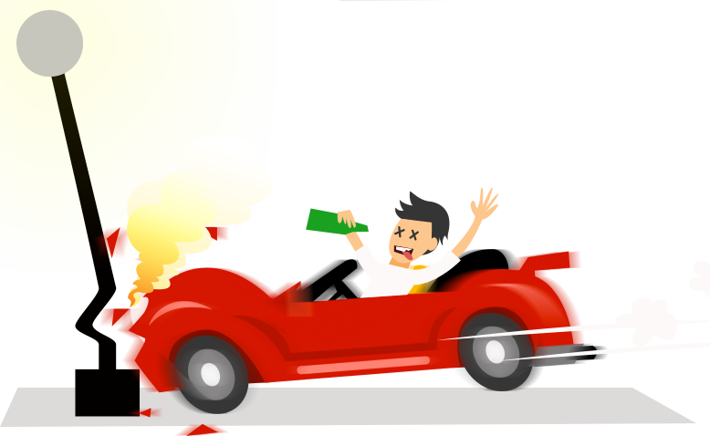 醉駕卡通車禍 壁紙 — 一個卡通男人開著紅色敞篷車，手拿綠色卡片，愉快地駛過黃色背景。