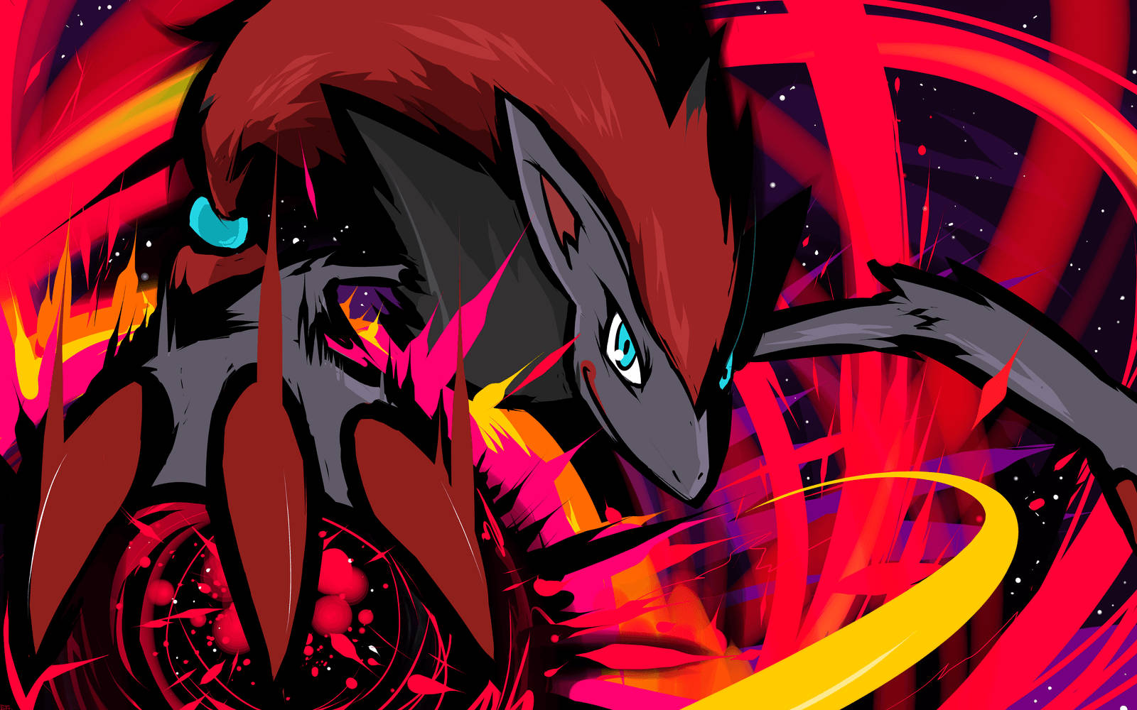 醒目紅色 Zoroark 壁紙 — 一隻火熱的動漫狐狸，擁有發光的藍色眼睛，在宇宙背景下，於爆炸性的紅色和黃色能量條紋中咆哮。