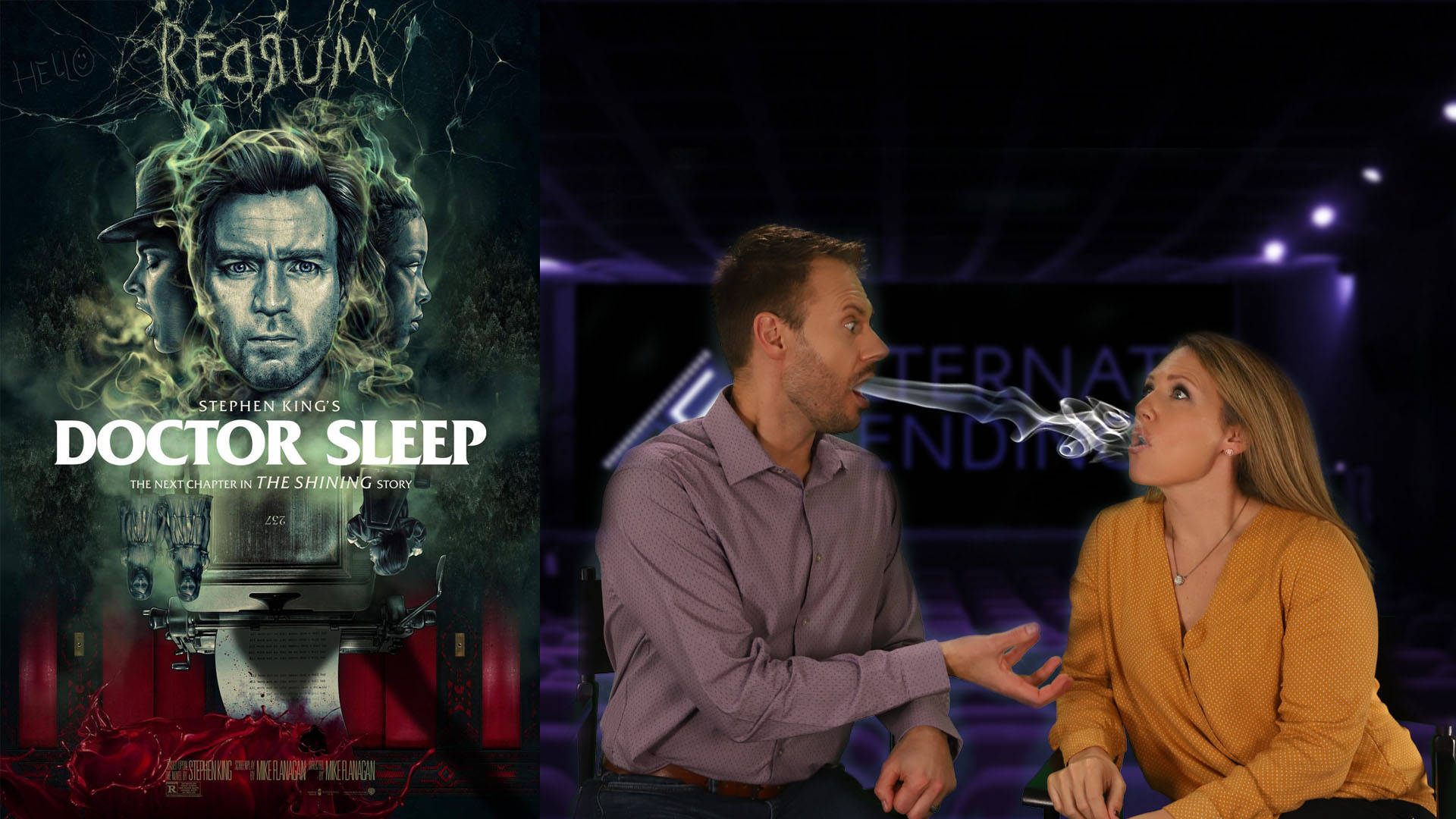 兩人在《Doctor Sleep》電影海報旁邊互相呼出煙霧。