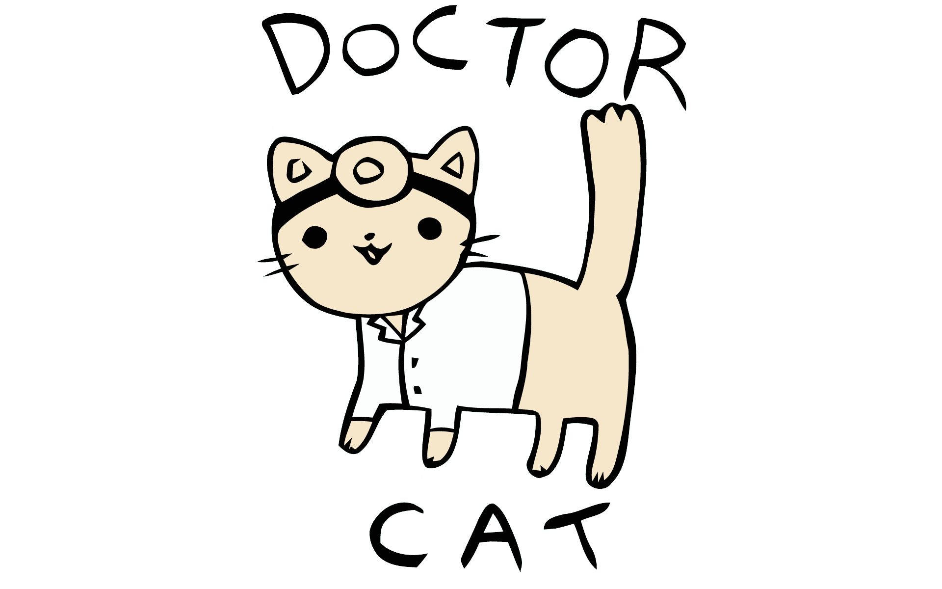 一隻微笑的卡通貓穿著醫生袍和聽診器，上下方有文字「DOCTOR CAT」，正在揮手。