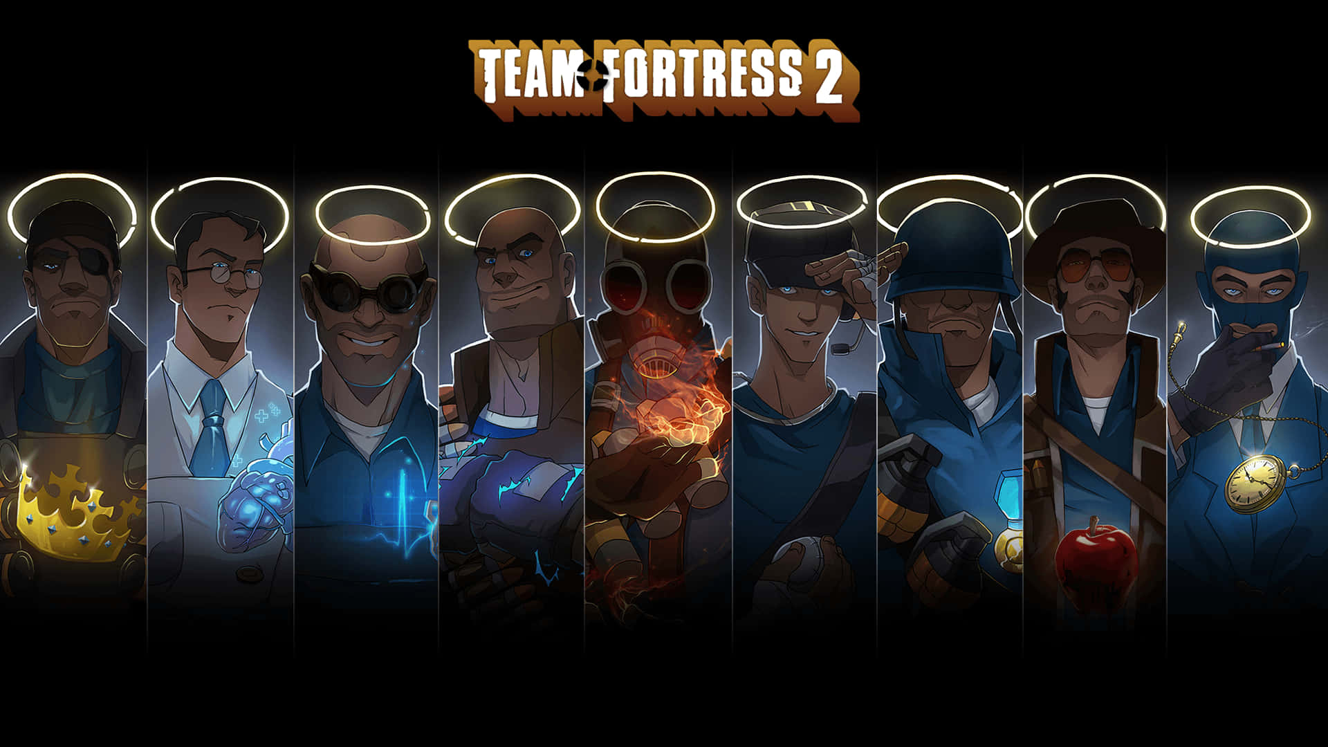 Team Fortress 2 角色帶有光環，手持武器和物品。