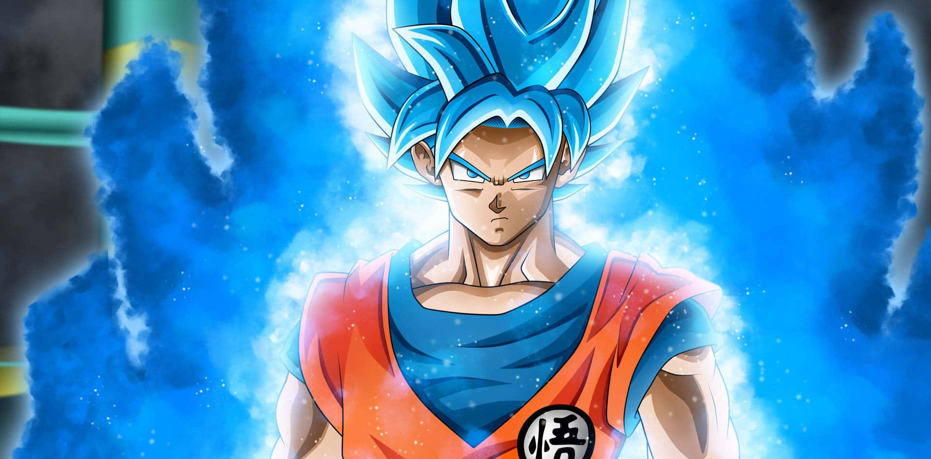 釋放《Cool Dragon Ball》的強大力量 壁紙 — 一位擁有藍色尖刺頭髮和橙色道服的強大動漫戰士，站在旋轉的藍色能量和宇宙粒子之中。
