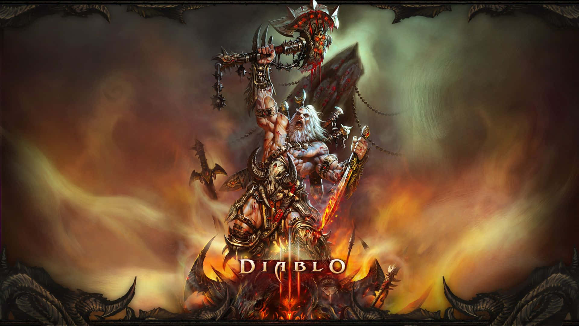一個手持狼牙棒和劍的惡魔戰士站在火焰中，帶有 Diablo 標誌。