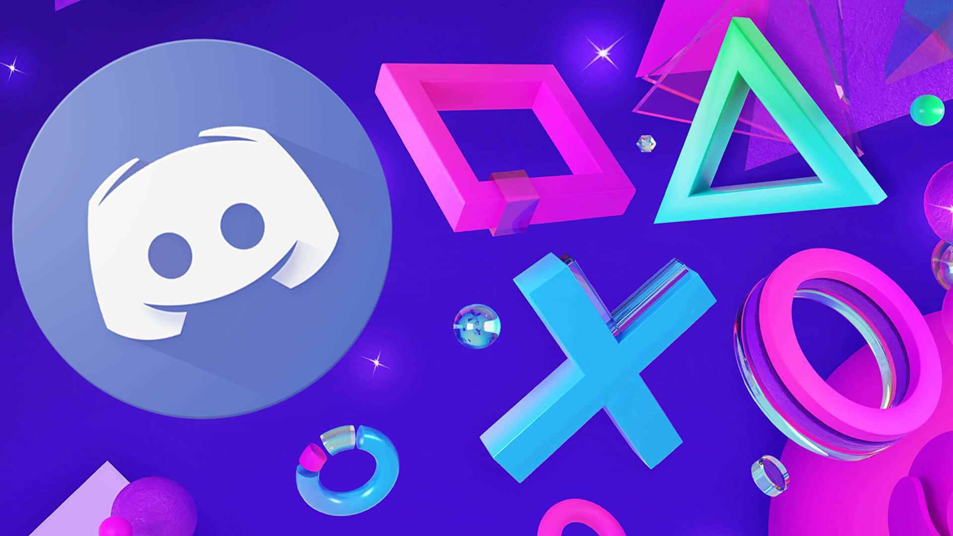 釋放 Discord 的強大功能 壁紙 — 充滿活力的3D渲染遊戲符號漂浮在發光的紫色背景上，伴隨著閃爍的星星。
