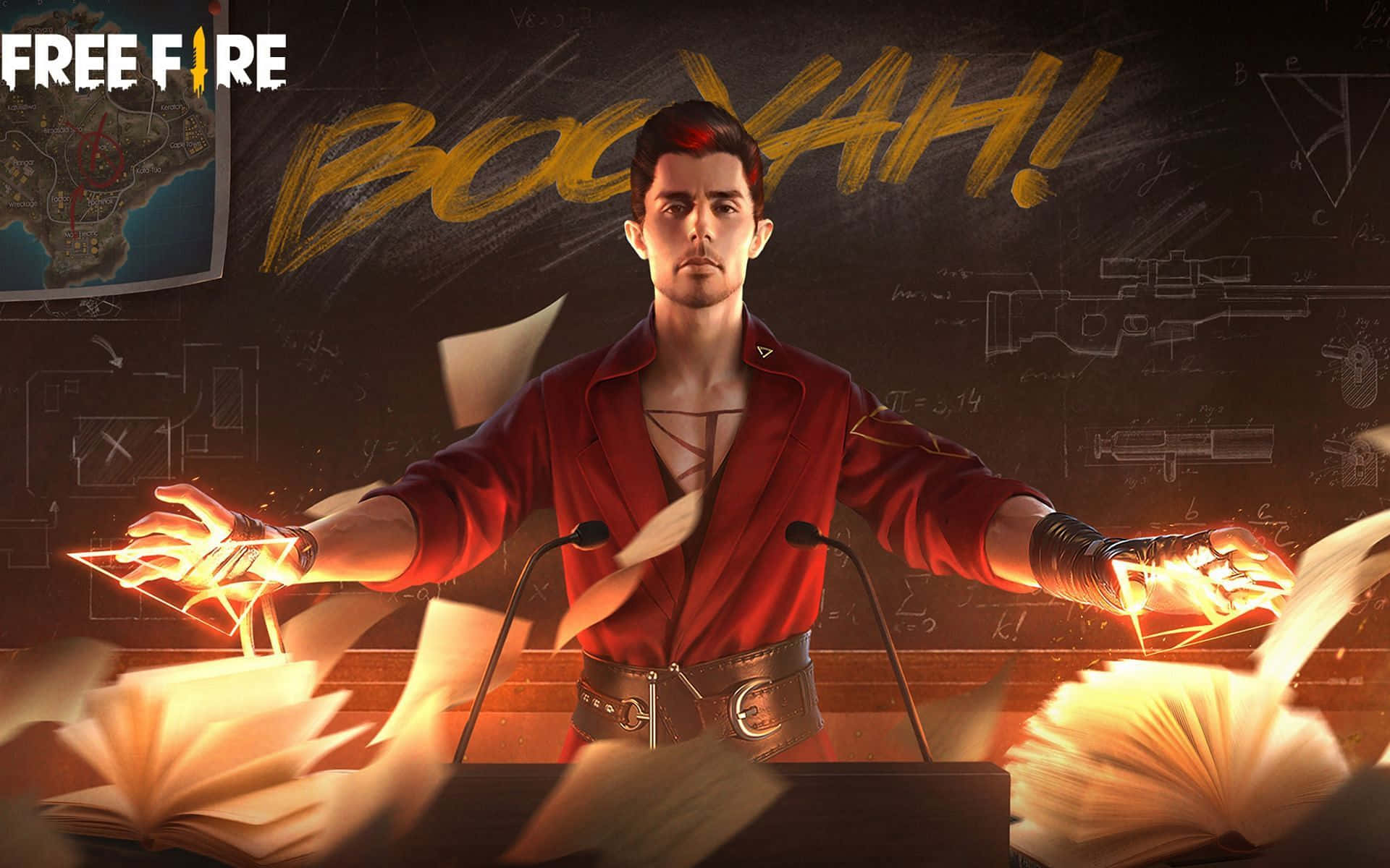 釋放《Hip Hop Free Fire》的強大能量 壁紙 — 一個穿著紅色外套的男人站在講台上，雙手發光，紙張在他周圍飛舞，背景是黑板。