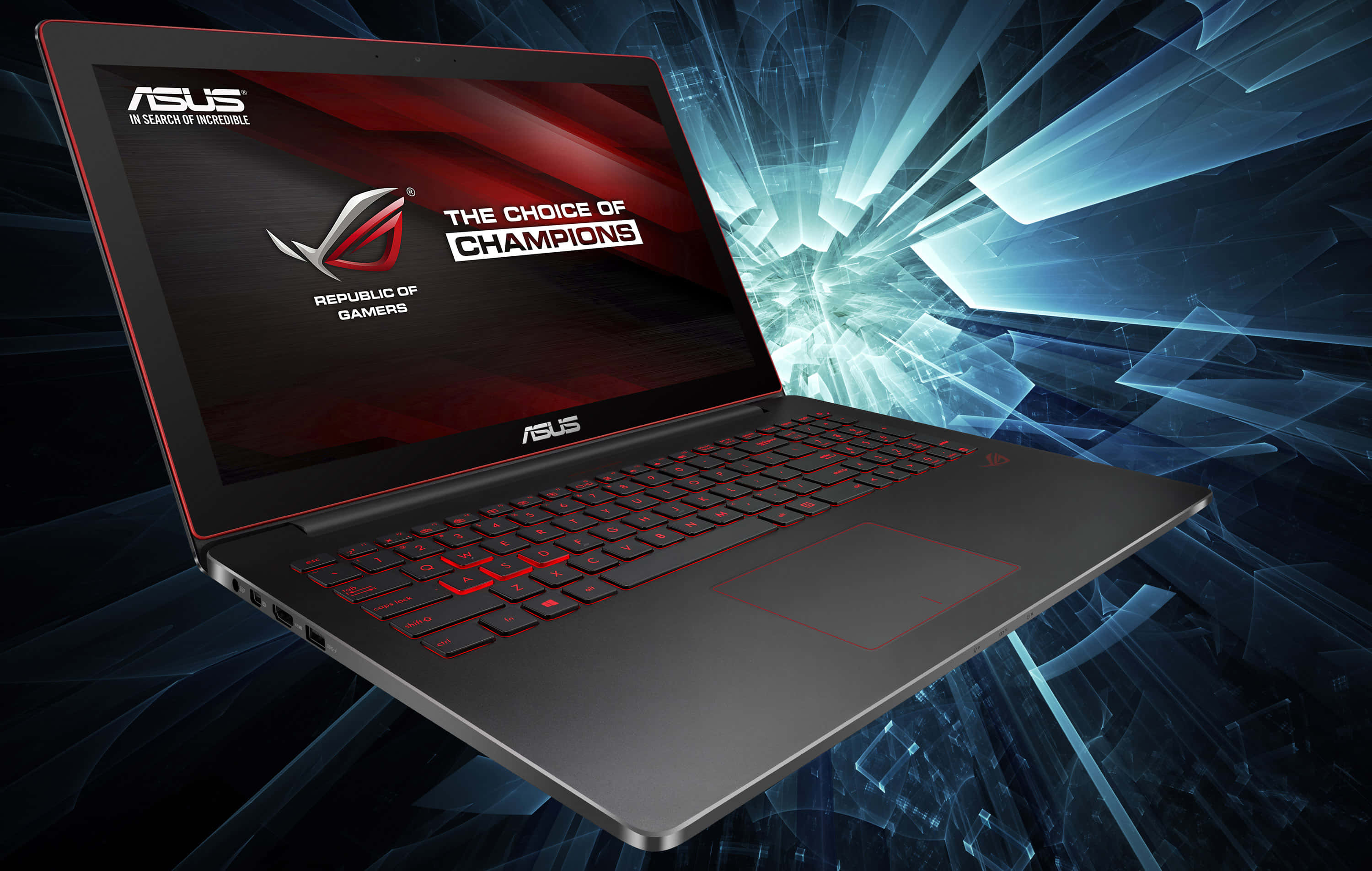 釋放 ROG 的強大動力 壁紙 — 一部時尚的ASUS ROG遊戲筆記型電腦，帶有紅色點綴，漂浮在動態的藍白數位能量爆發背景上。