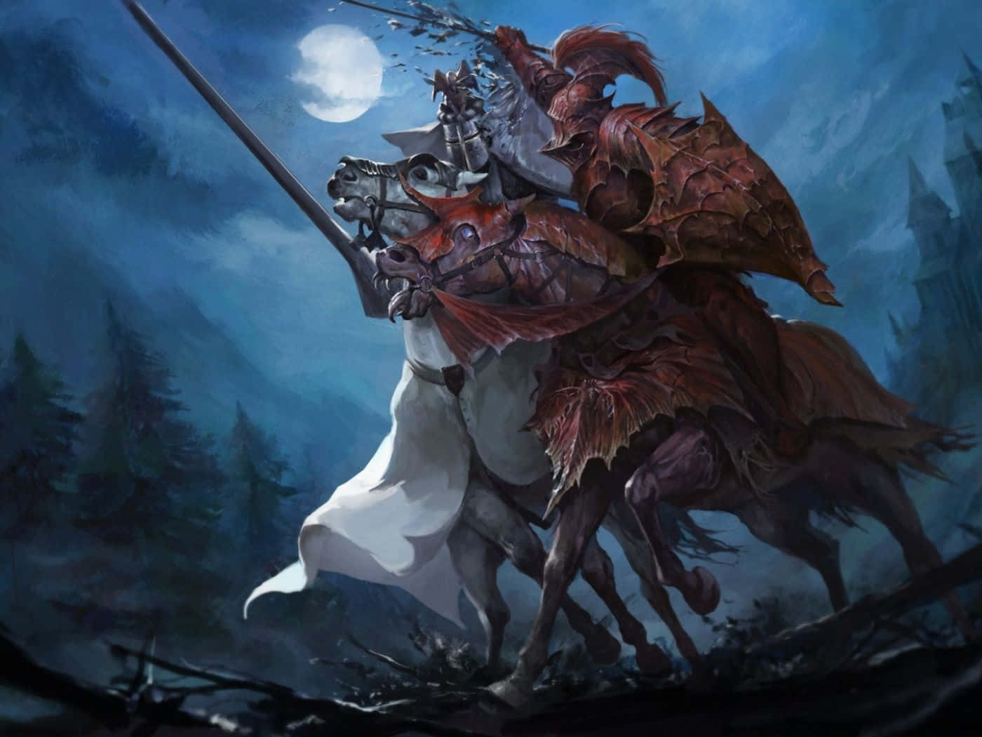 釋放《Total War: Warhammer》軍隊的全部戰力 壁紙 — 一位身穿華麗紅色盔甲的騎士，騎著白馬，高舉長矛，穿過月光照耀的森林。