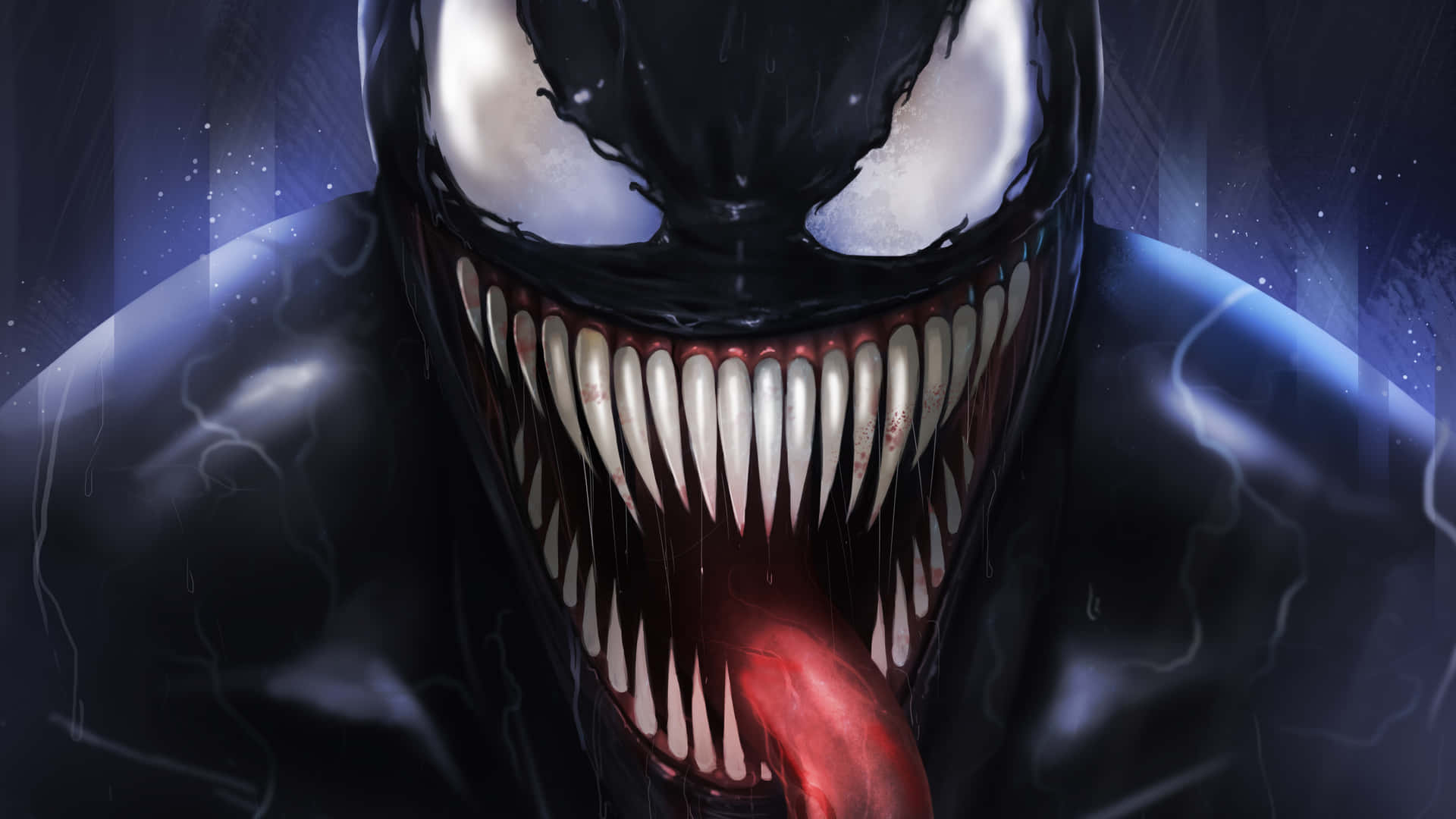 毒液在黑暗暴風雨場景中，擁有發光的眼睛和鋒利的牙齒。