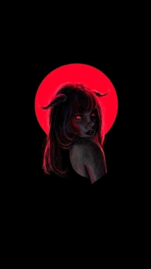 釋放「惡魔iPhone」的強大效能 壁紙 — 一個黑髮的惡魔女孩，擁有發光的紅色眼睛和角，站在黑色虛空中鮮紅色的圓形背景前。