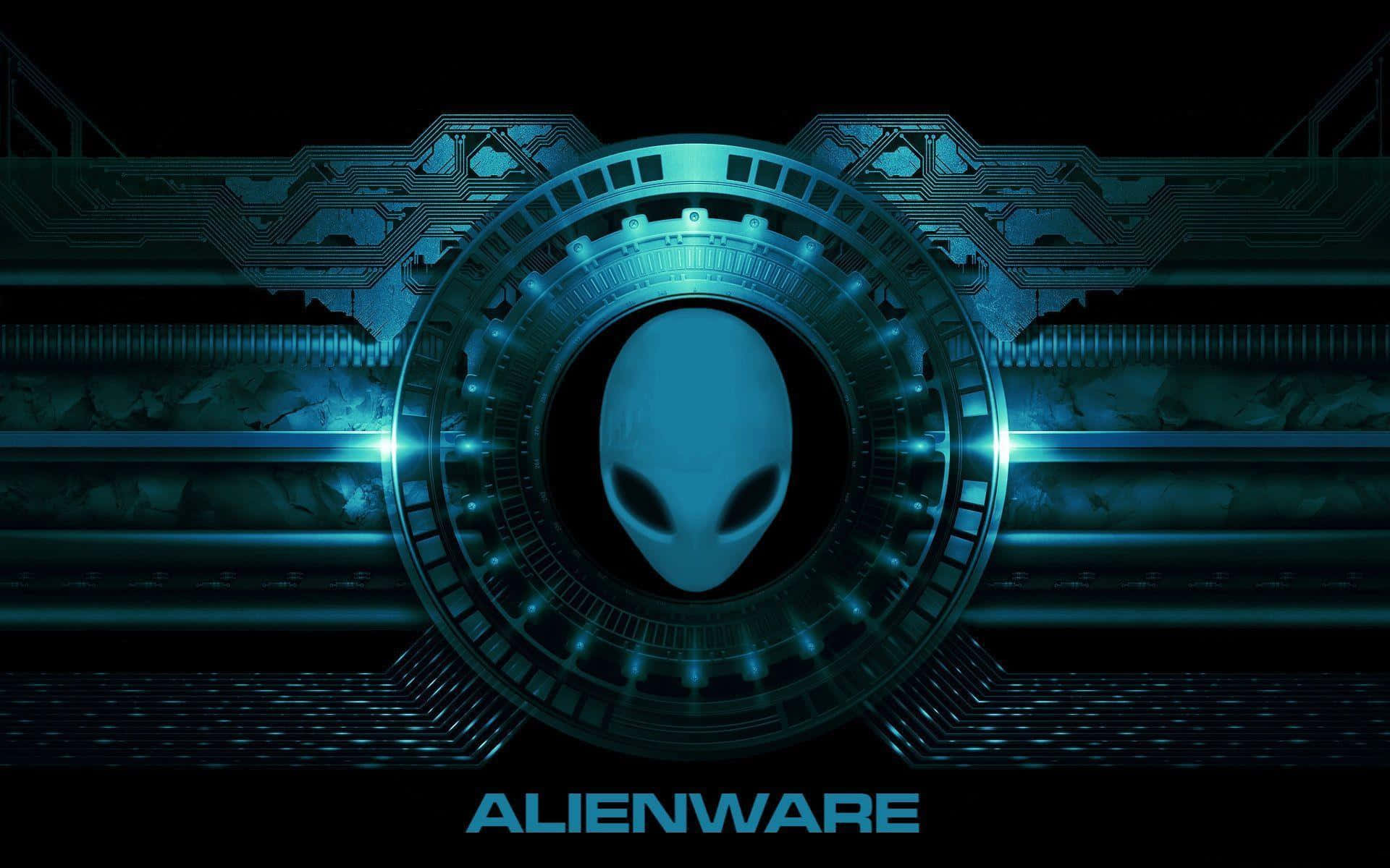 Alienware 標誌，帶有發光藍色外星人頭部，採用未來科技設計。