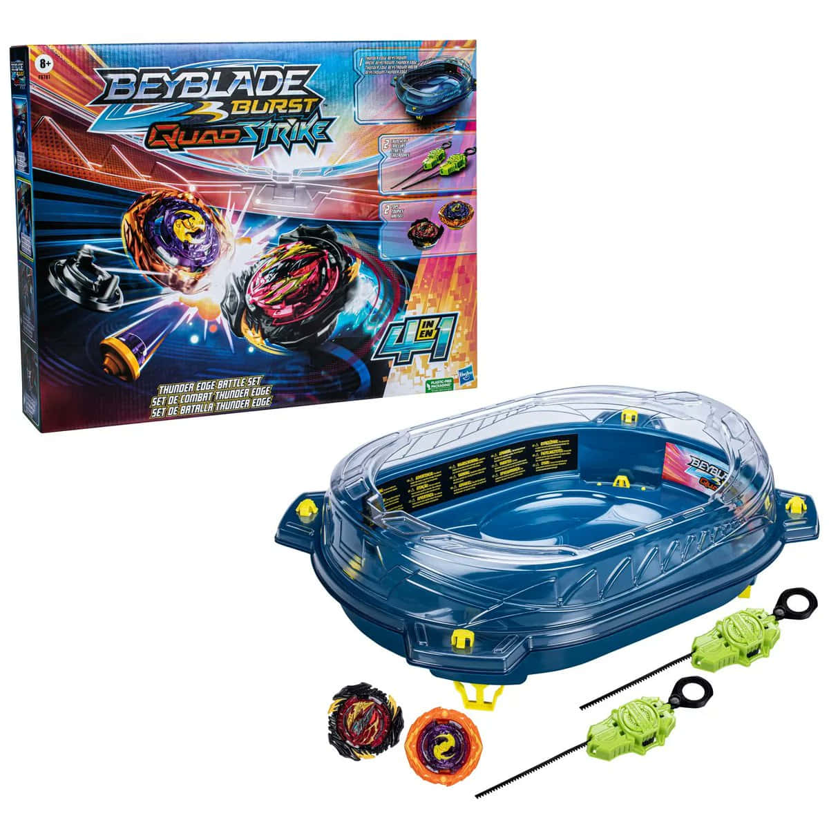 Beyblade Burst QuadStrike Thunder Edge對戰套裝，包含競技場和發射器頂部。