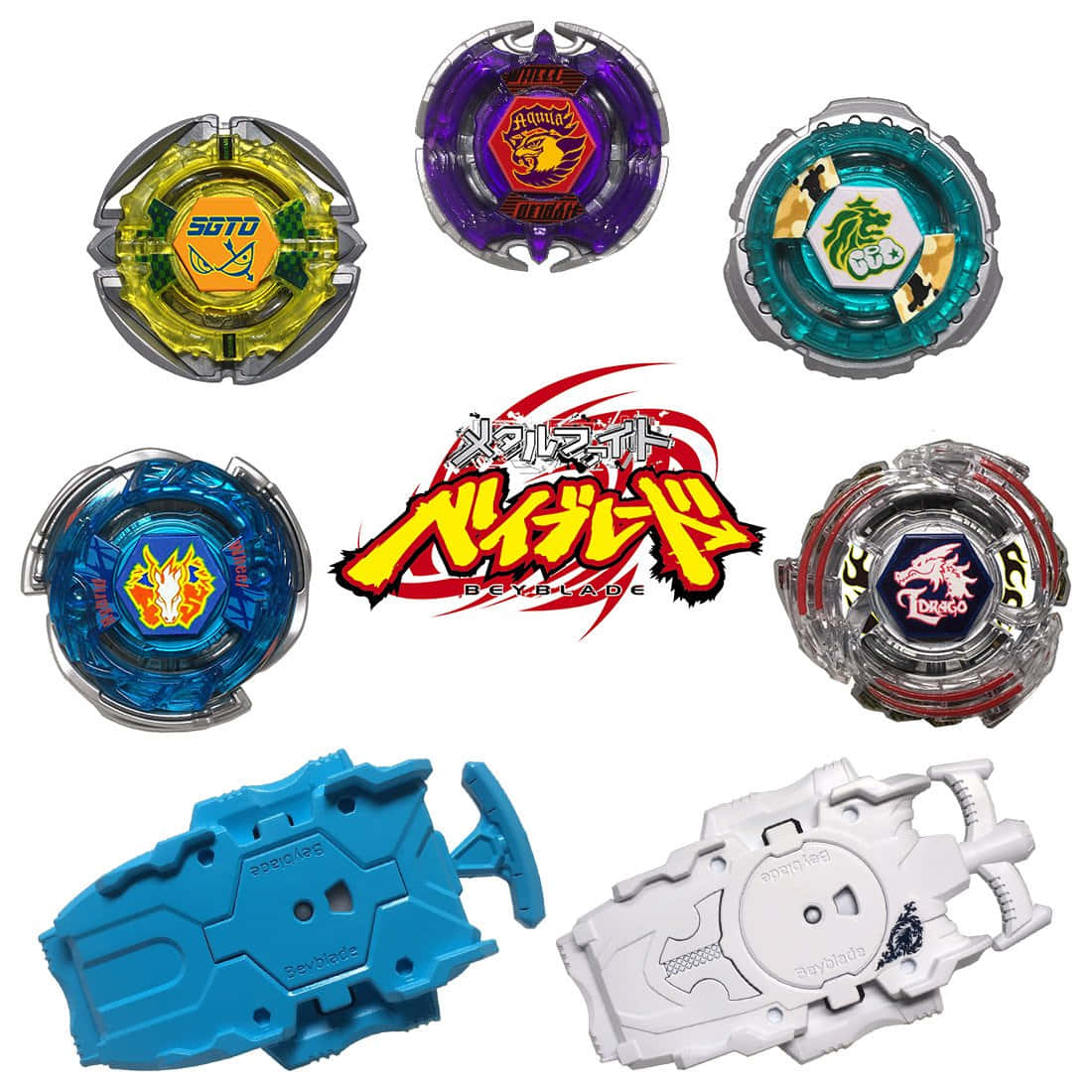 六個Beyblade陀螺和兩個發射器，帶有龍設計，在白色背景上。