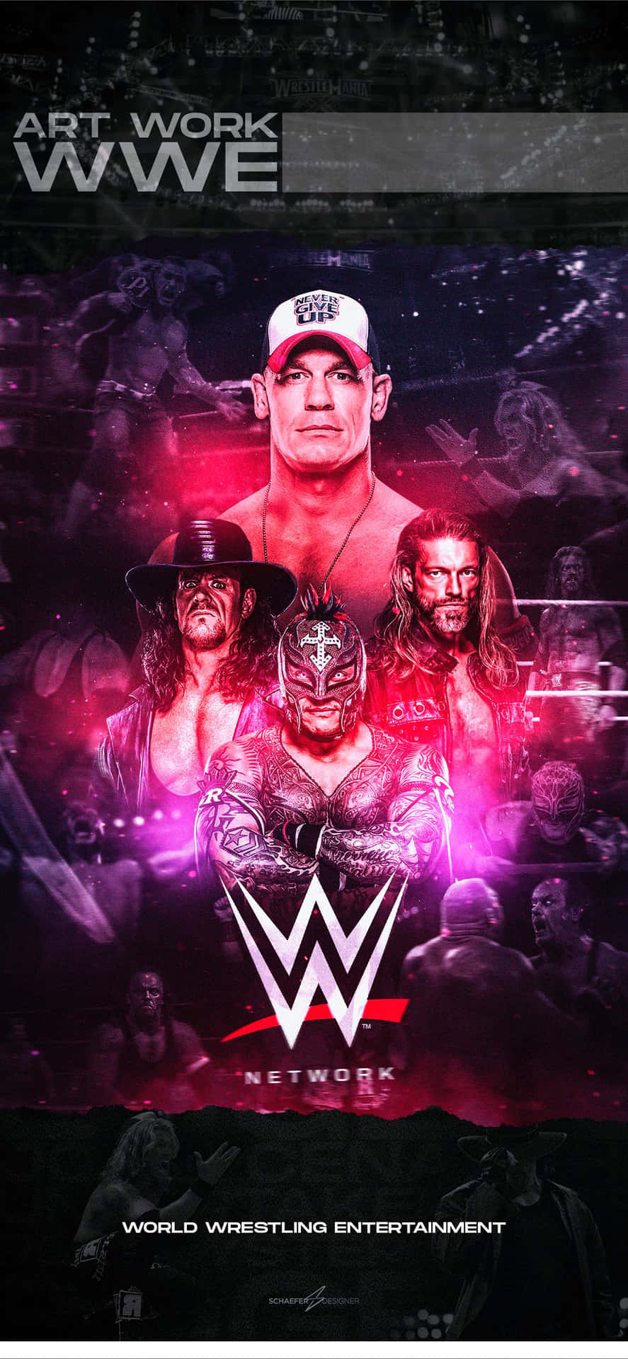 WWE摔角手在發光的紫色和粉紅色宣傳拼貼中。