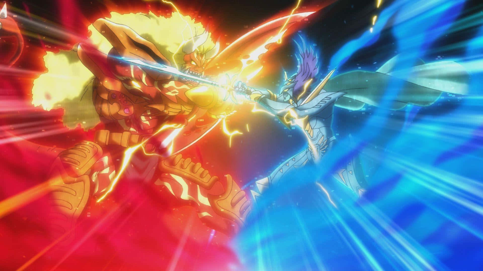 釋放你Beyblade Burst的全部力量！ 壁紙 — 兩名身穿鎧甲的動漫戰士在宇宙背景下，於火紅與電藍的能量爆發中激烈交鋒。