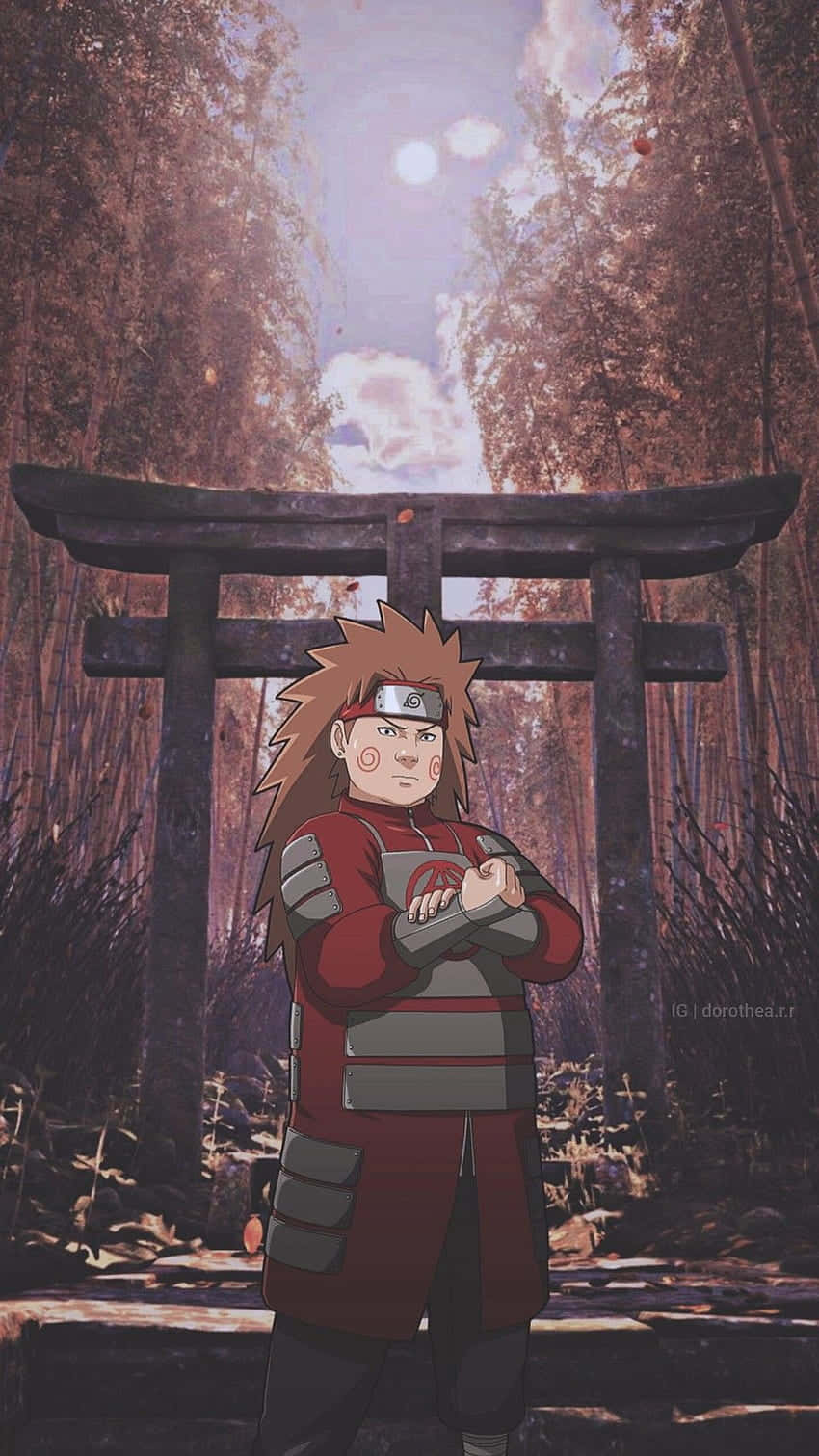 身穿紅色盔甲的動漫忍者站在森林鳥居前，夕陽西下。