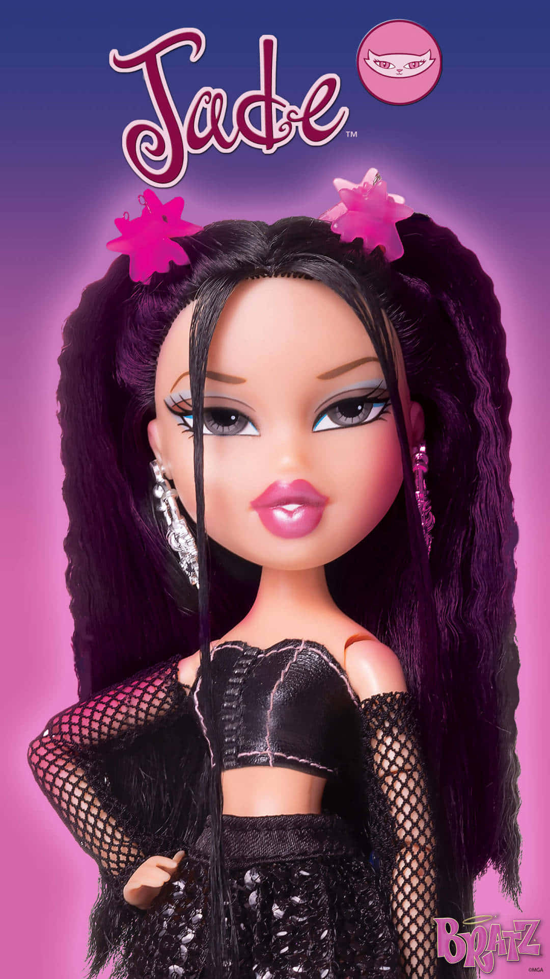 釋放你內在的Bratz 壁紙 — 一個名為Jade的Bratz娃娃，擁有長長的紫色頭髮和粉紅色星星飾品，在漸變紫色背景前擺姿勢。