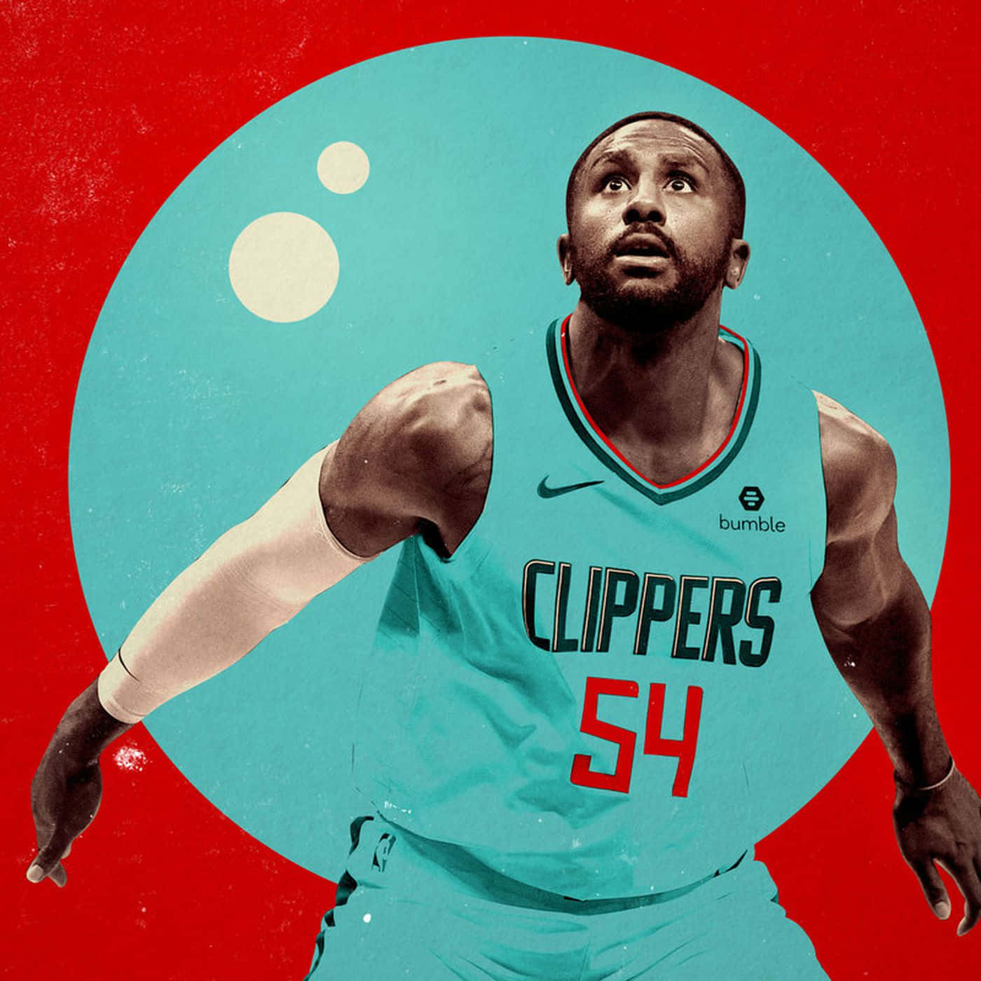 「釋放你內在的MVP」 壁紙 — 一名身穿青綠色快艇隊球衣、號碼54的籃球運動員，在帶有青綠色圓形邊框的醒目紅色背景上動態站立。