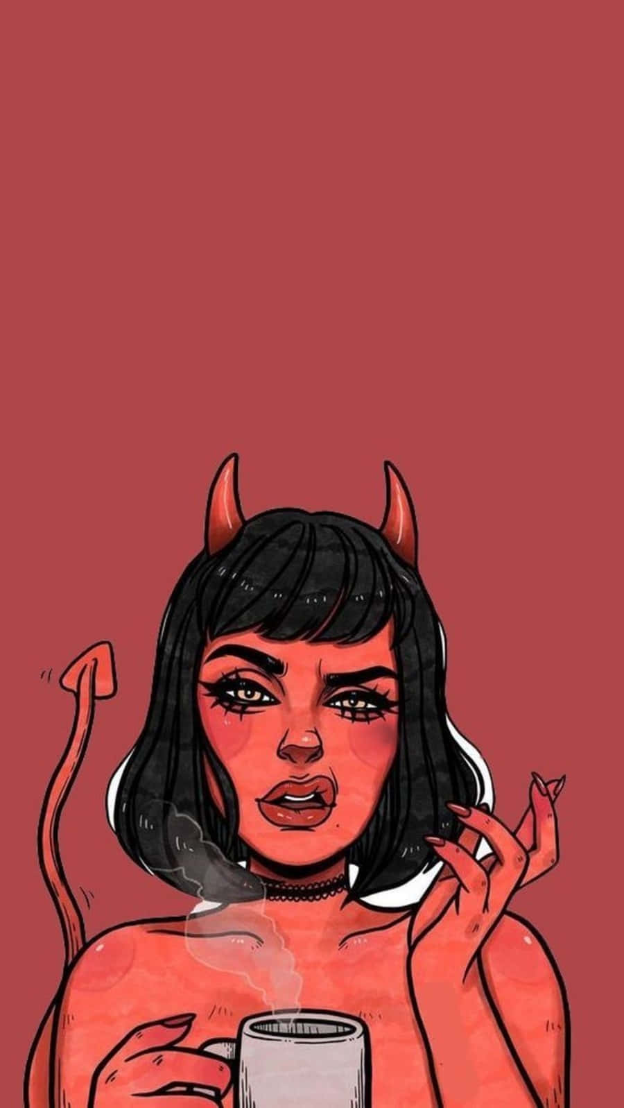 釋放你內在的壞女孩 壁紙 — 一個風格化的魔鬼女人，有角和尾巴，在純紅色背景前從冒煙的杯子中啜飲。