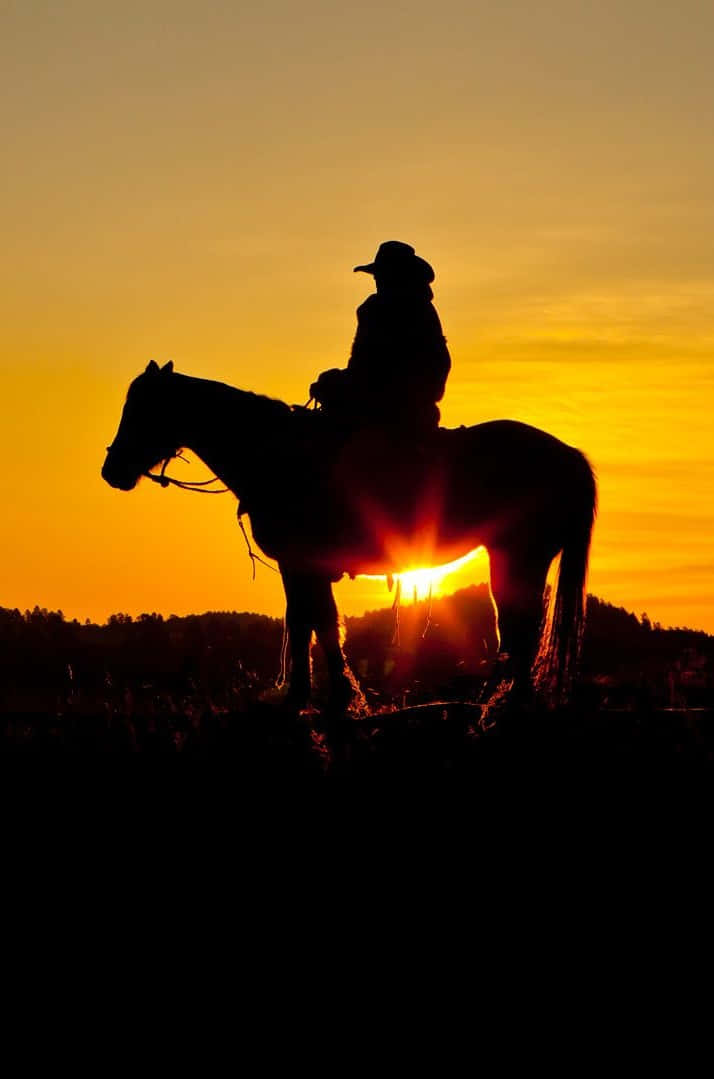 釋放你內在的牛仔魂 — 新款 Cowboy iPhone！ 壁紙 — 一個孤獨的牛仔騎在馬背上，在熾熱的日落中形成剪影，太陽在他們身後爆發。