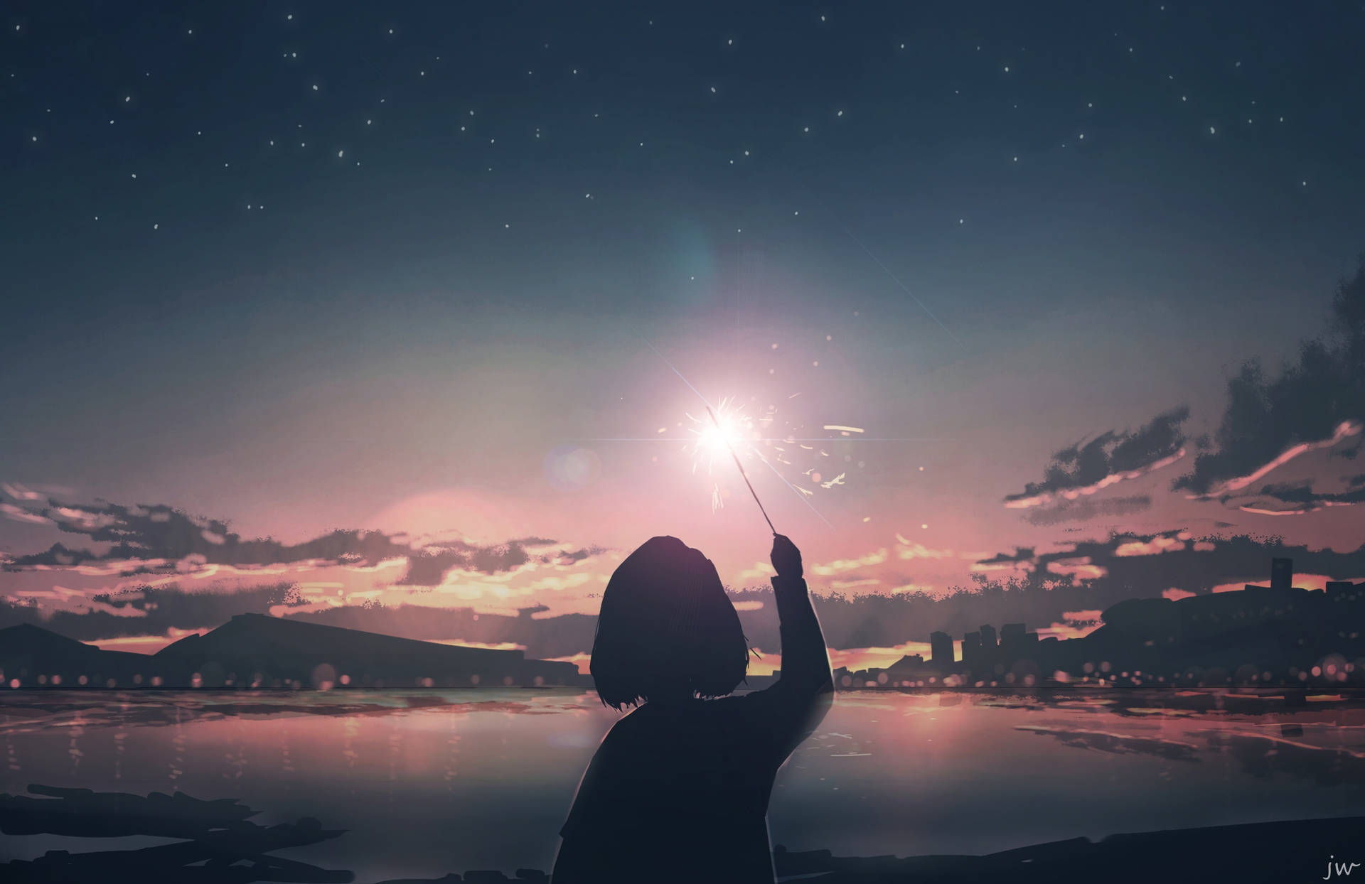 孩子在暮色中手持煙花，水面映襯城市天際線和星星