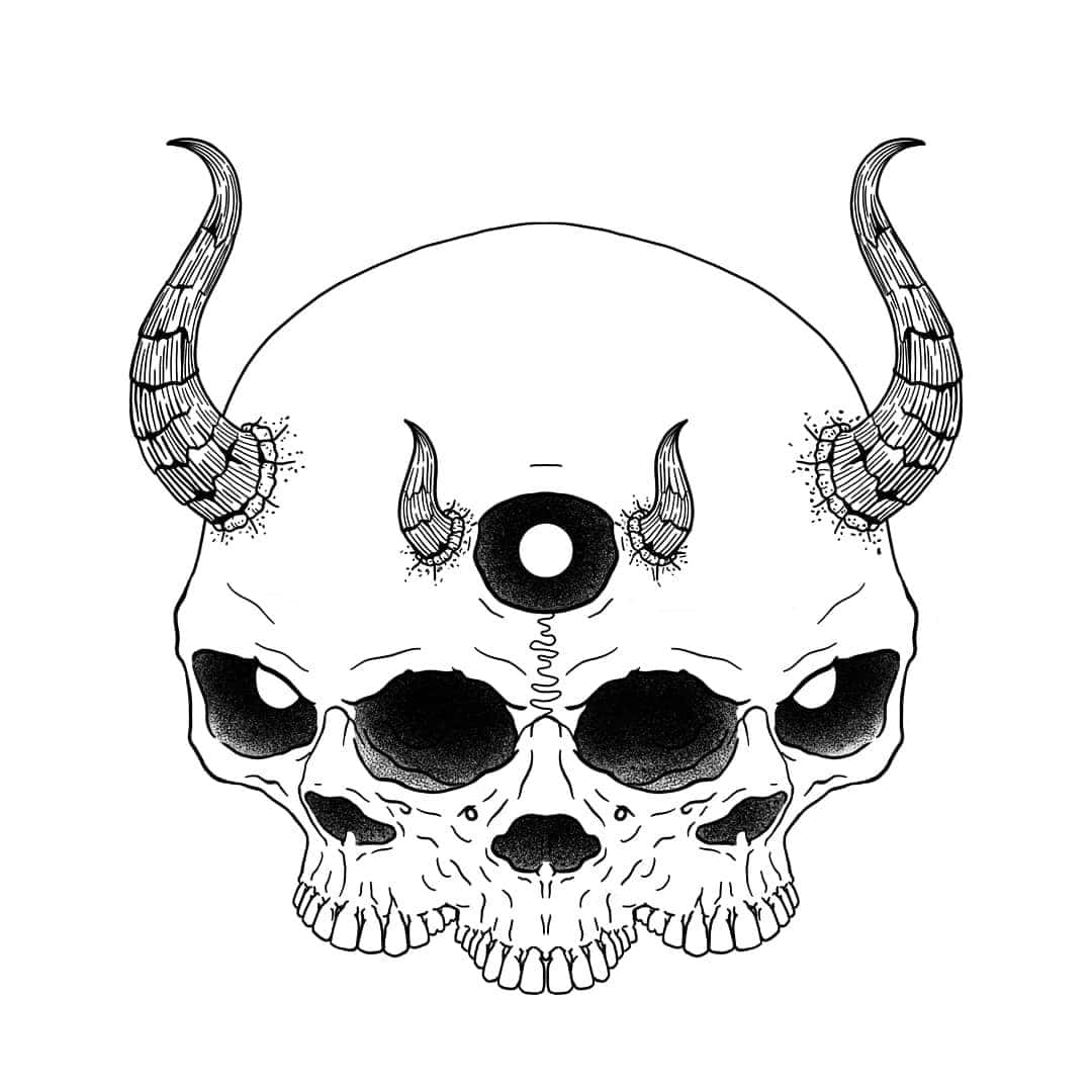 釋放你內在的魔鬼 壁紙 — 一幅鮮明的黑白插圖，描繪一個帶有角和第三隻眼的惡魔頭骨。
