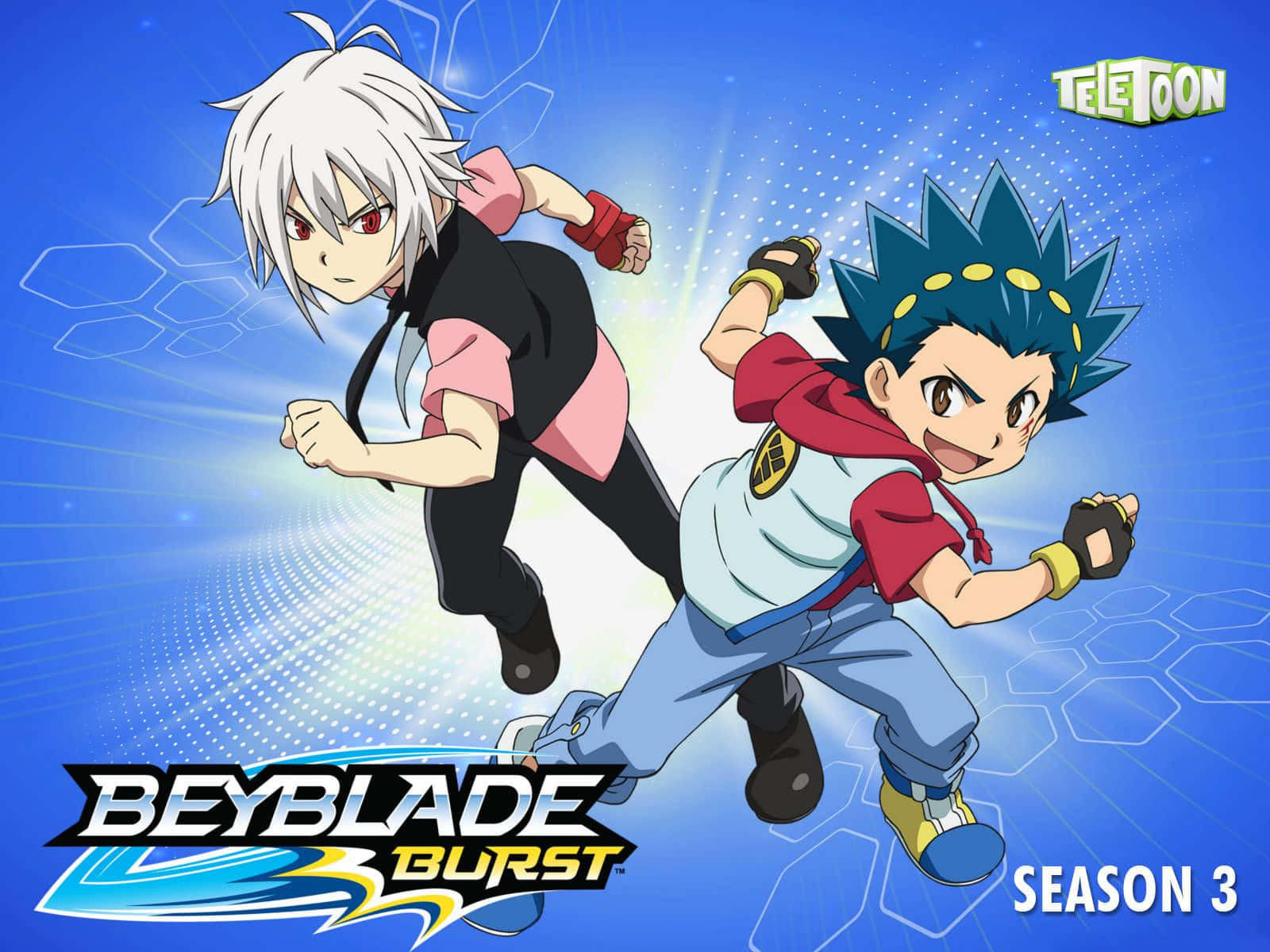 釋放你的《Beyblade Burst》精神 壁紙 — 兩個動漫男孩以動態姿勢向前奔跑，背景是發光的藍色六邊形和Beyblade Burst Season 3標誌。