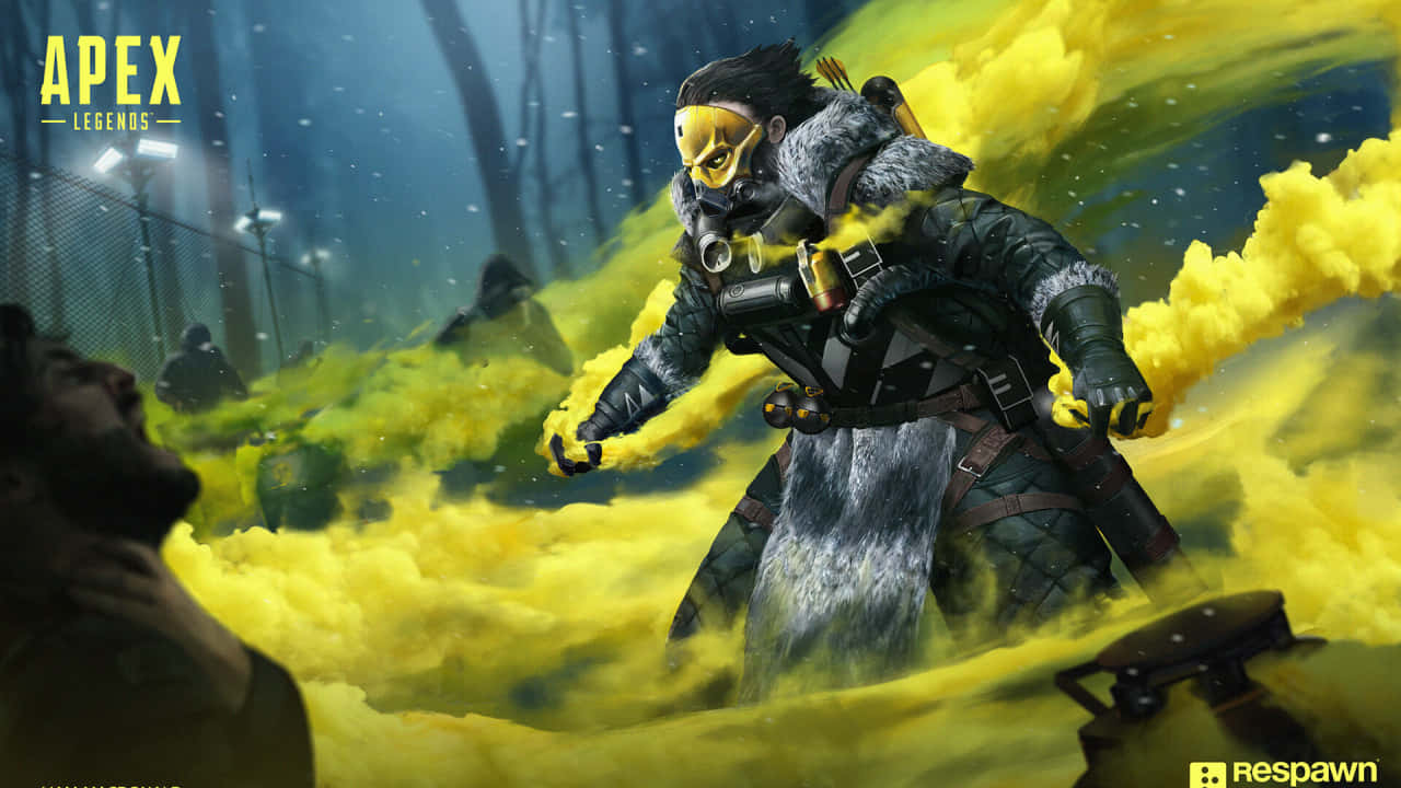 釋放你的傳奇之魂——《Apex英雄》 壁紙 — 一個戴著面具的Apex Legends角色穿著冬季裝備，在夜晚的雪地森林中站在旋轉的黃色煙霧中。