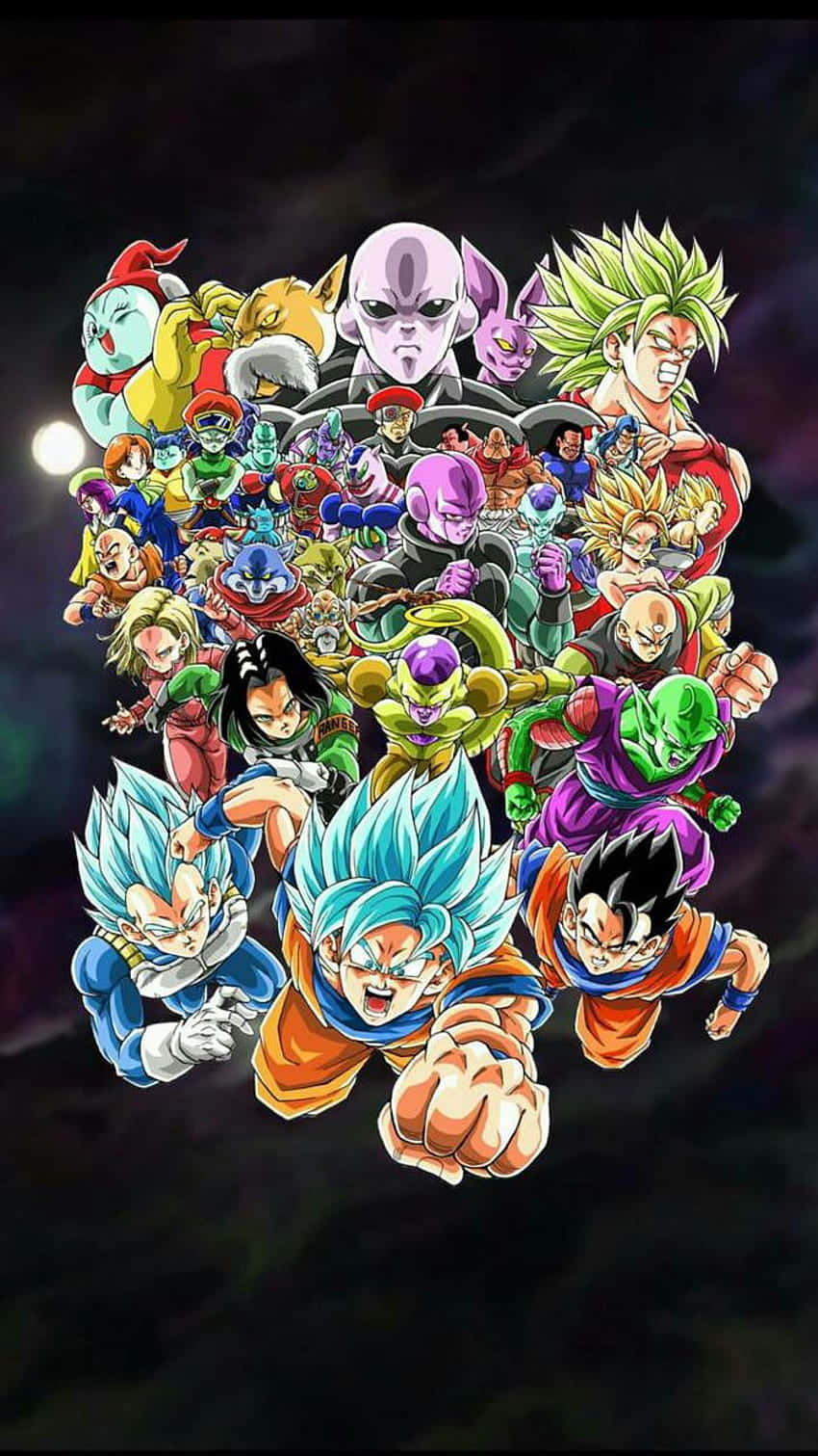 釋放你的內在力量，加入Dope Dragon Ball Z！ 壁紙 — 一個動態的動漫拼貼畫，描繪龍珠角色在宇宙背景下以戰鬥姿勢對抗發光的月亮。