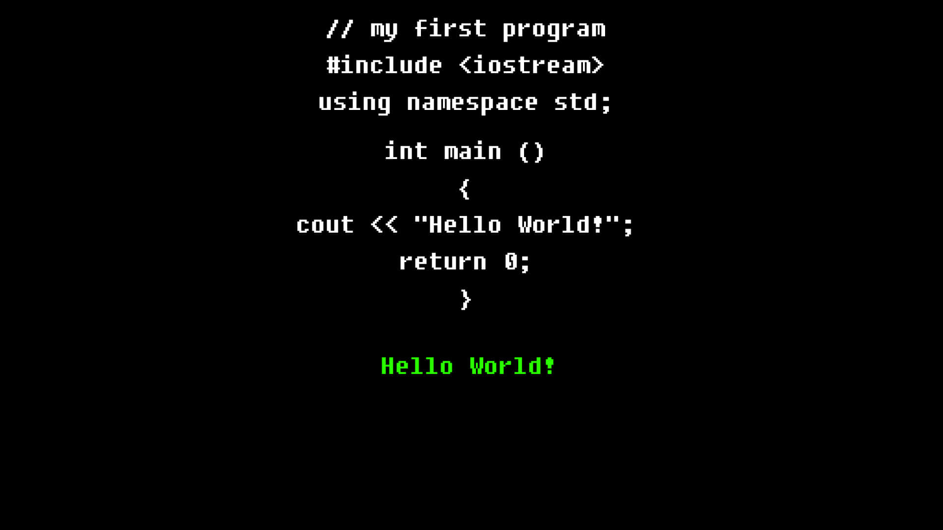 一個電腦終端顯示帶有綠色輸出的C++ Hello World程式。