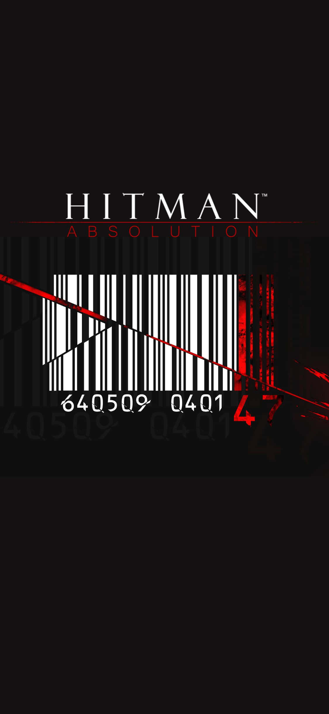 釋放你的刺客本能 壁紙 — 深色牆紙，條碼上有Hitman Absolution標誌，帶有紅色條紋和數字。