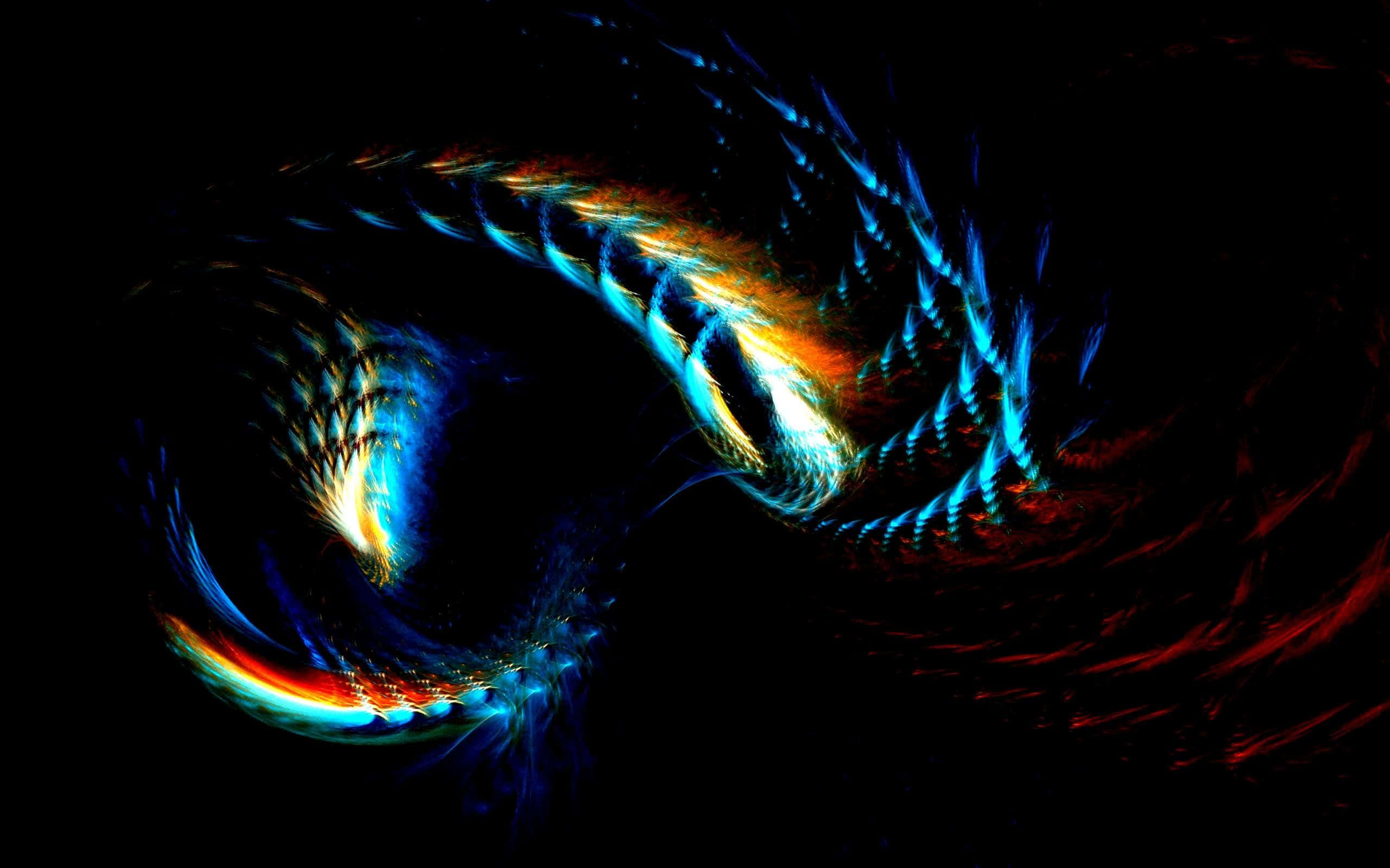 釋放你的創意，使用 BEST AMOLED 壁紙 — 充滿活力的分形卷鬚在熾熱的橙色和電光藍色中旋轉，背景是虛無的黑色。