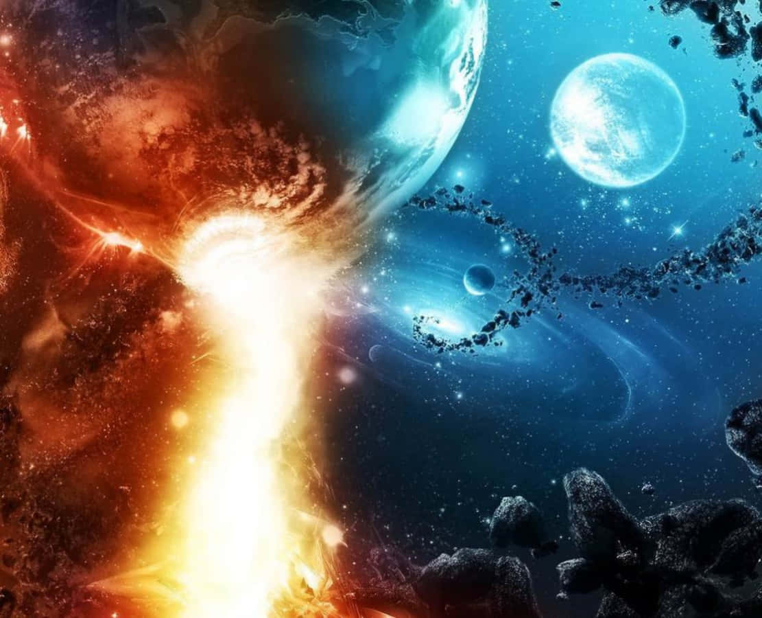一顆熾熱行星在太空中爆炸，附近有小行星和發光的衛星。