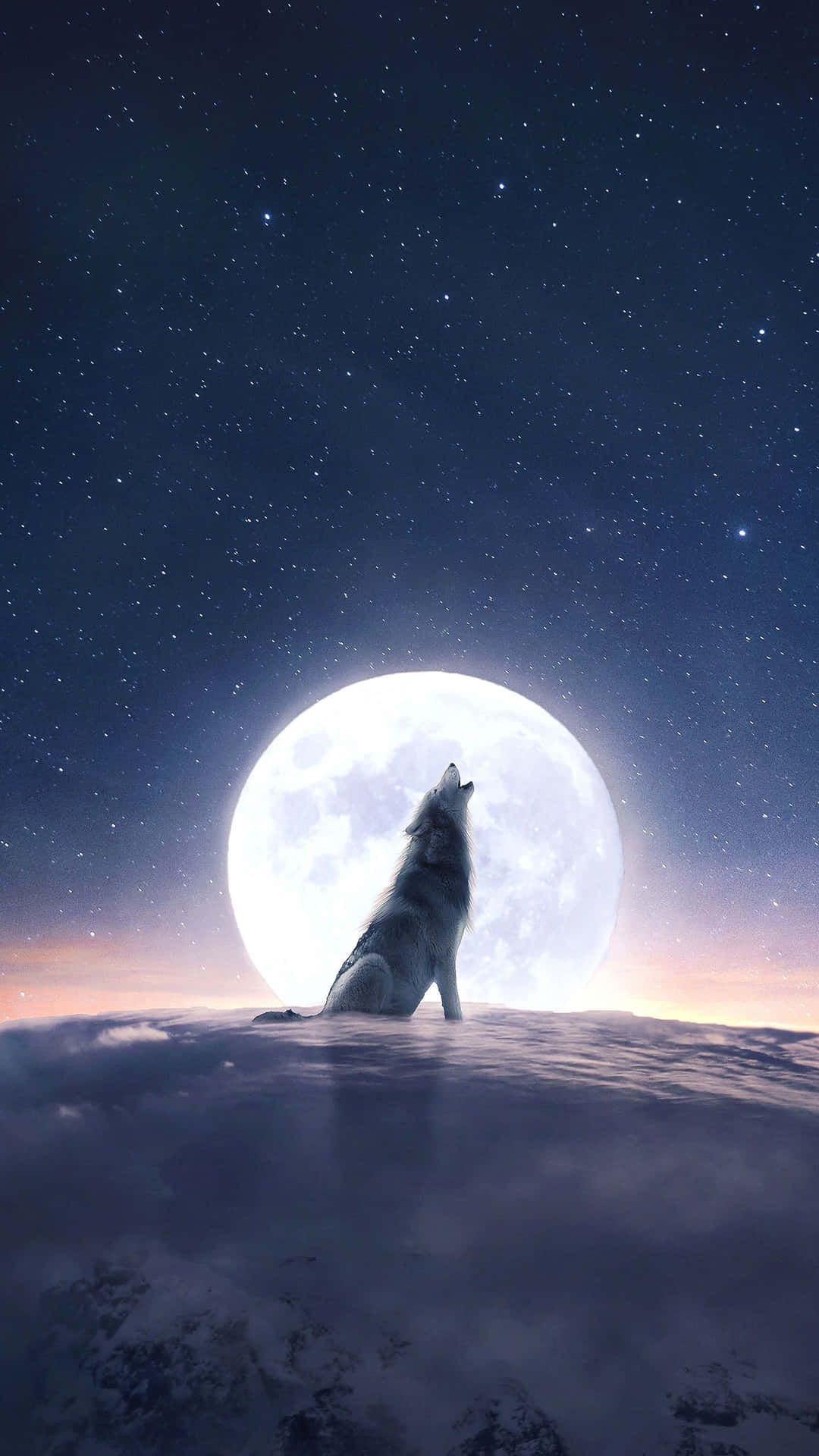 孤狼在雪山上對著滿月嚎叫，星空下