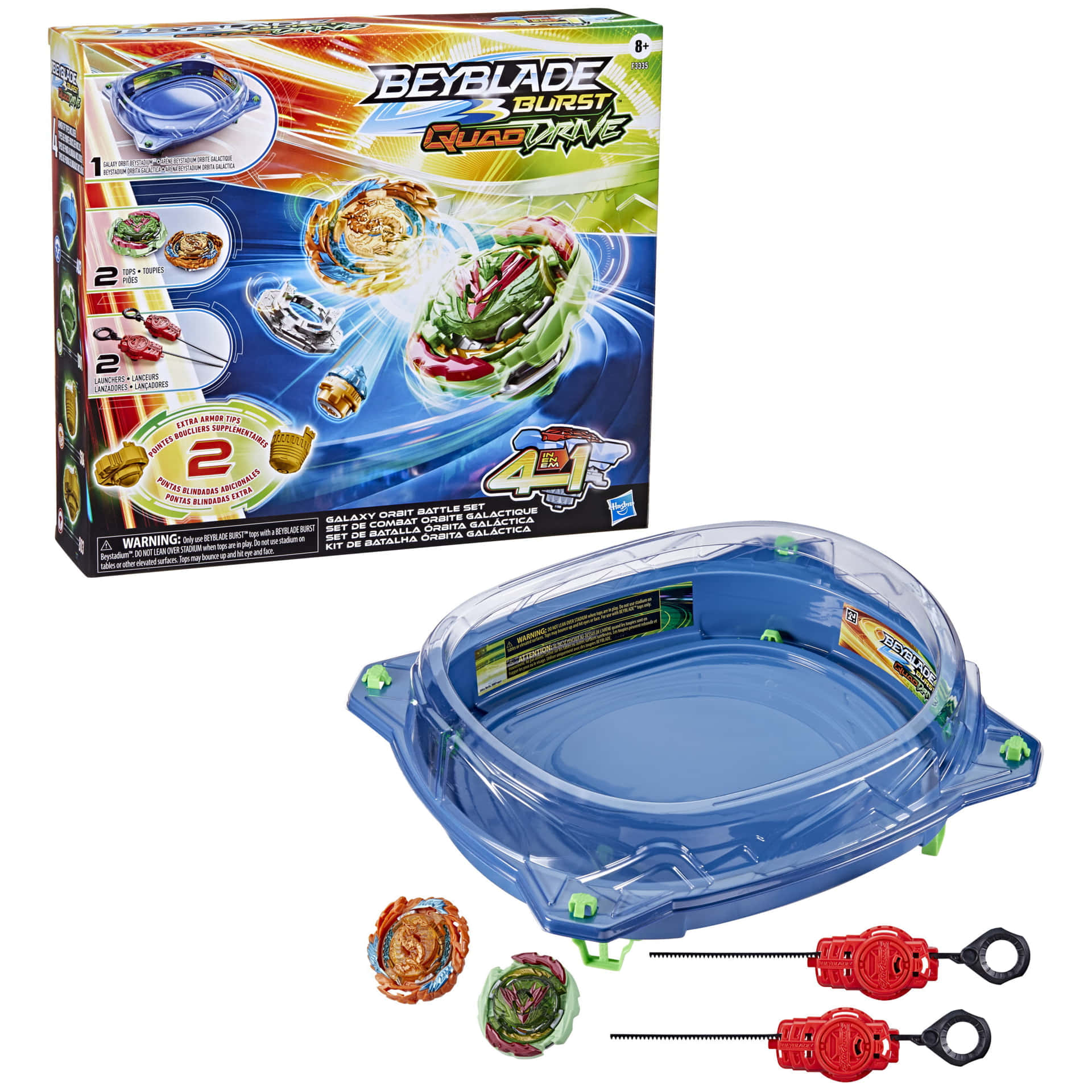 Beyblade Burst QuadDrive玩具套裝，包含競技場和陀螺。
