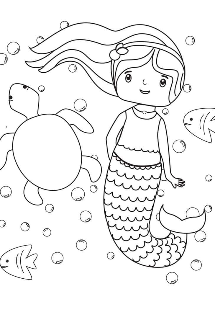 一位微笑的美人魚，與海龜和魚群一起在水中游泳，伴隨著氣泡。